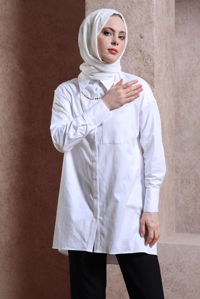 Vêtements hijab BLANC TUNIQUE CHEMISE EN SATIN 44421 - ALVİNA