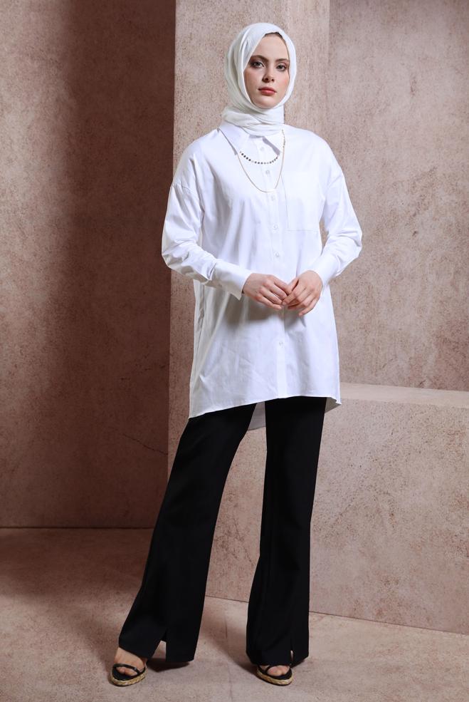 Vêtements hijab BLANC TUNIQUE CHEMISE EN SATIN 44421 - ALVİNA