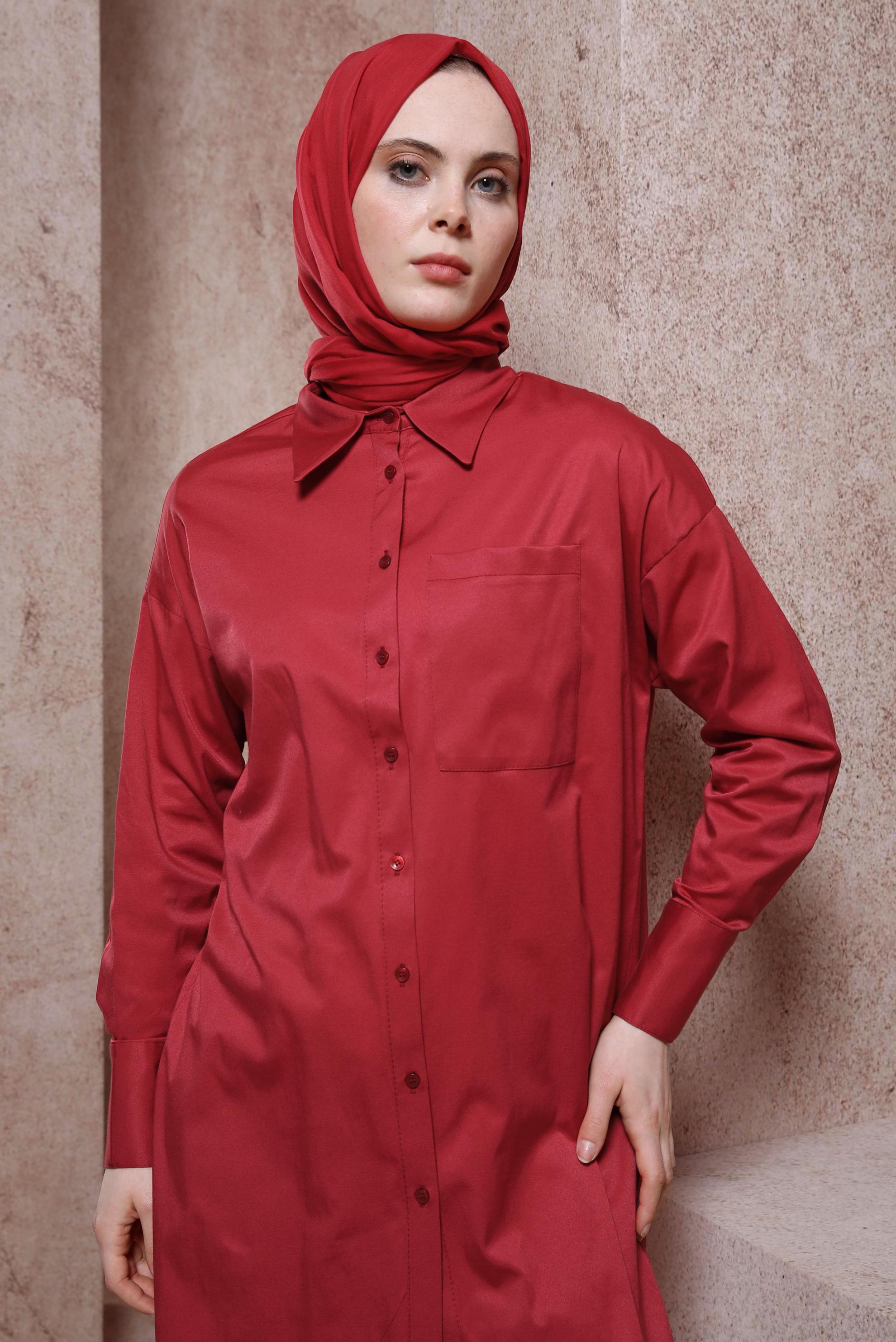 Tesettür giyim BORDO SATEN GÖMLEK TUNİK 44421