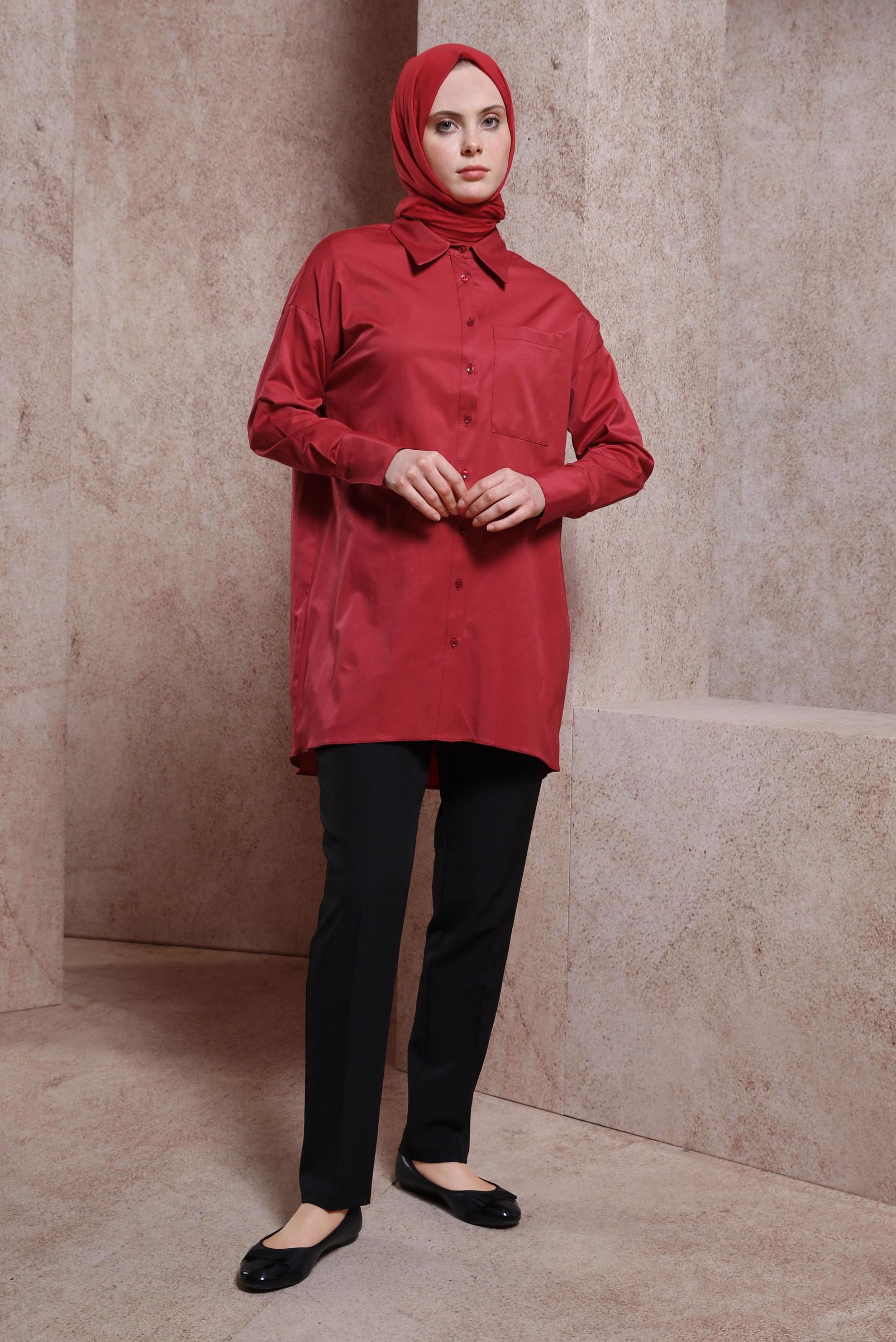 Tesettür giyim BORDO SATEN GÖMLEK TUNİK 44421