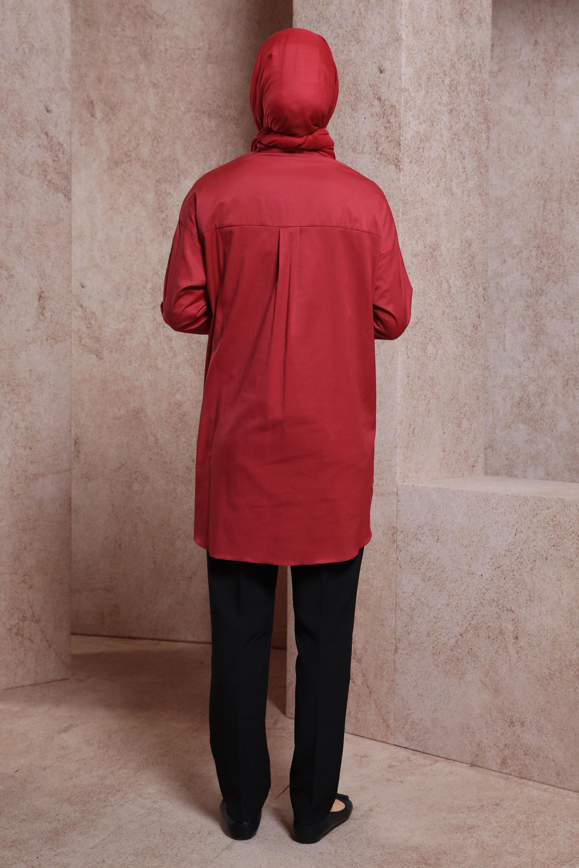 Tesettür giyim BORDO SATEN GÖMLEK TUNİK 44421