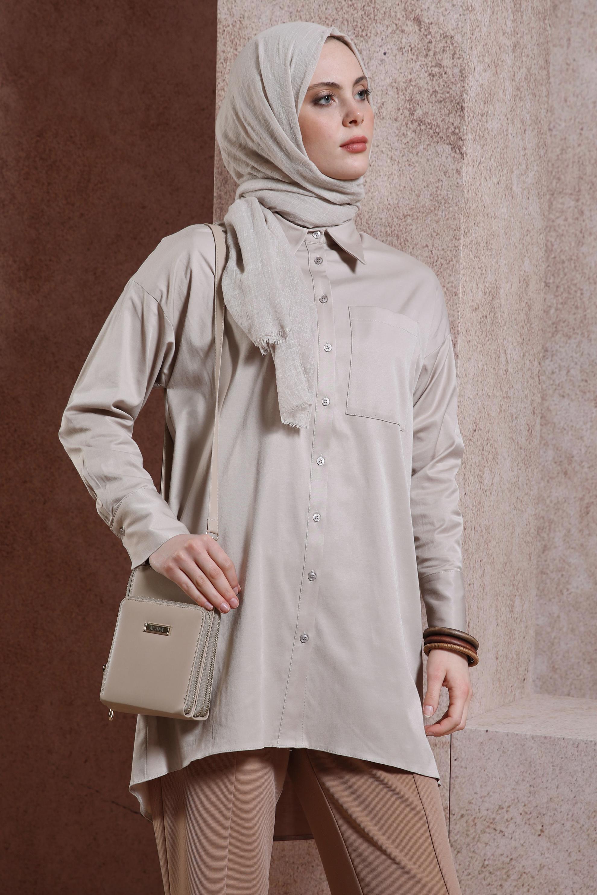 Tesettür giyim BEJ SATEN GÖMLEK TUNİK 44421