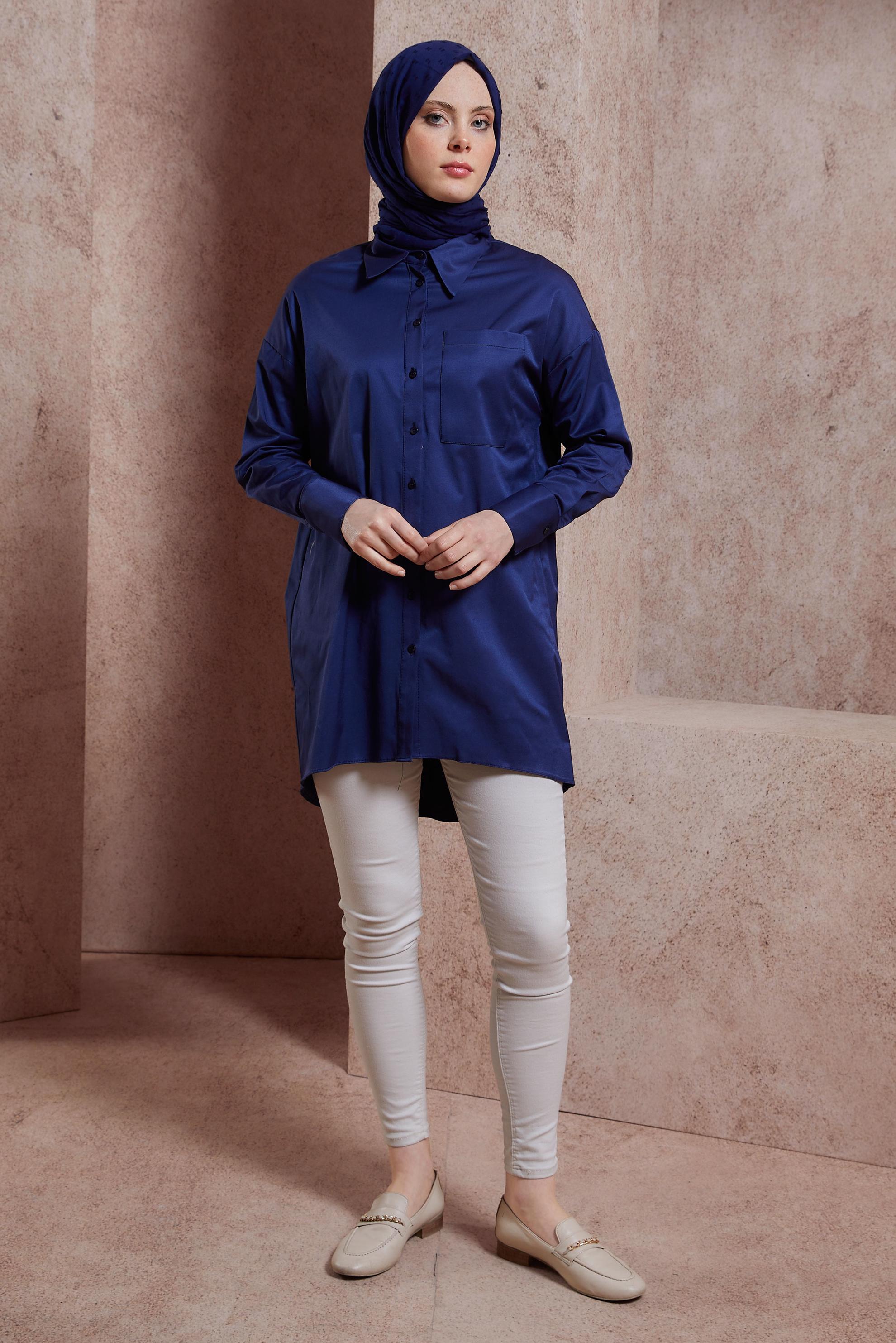 Tesettür giyim LACİVERT SATEN GÖMLEK TUNİK 44421