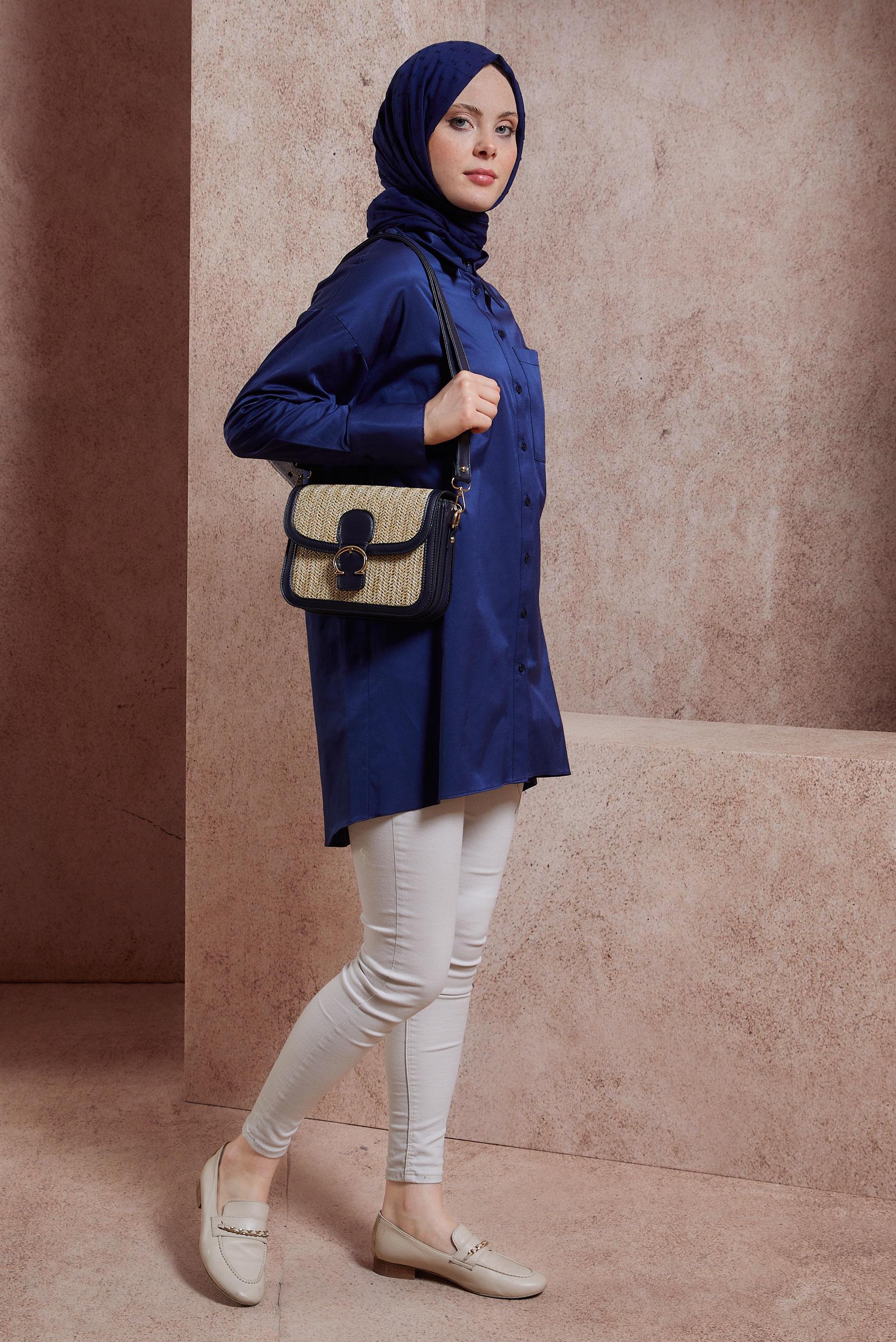 Tesettür giyim LACİVERT SATEN GÖMLEK TUNİK 44421