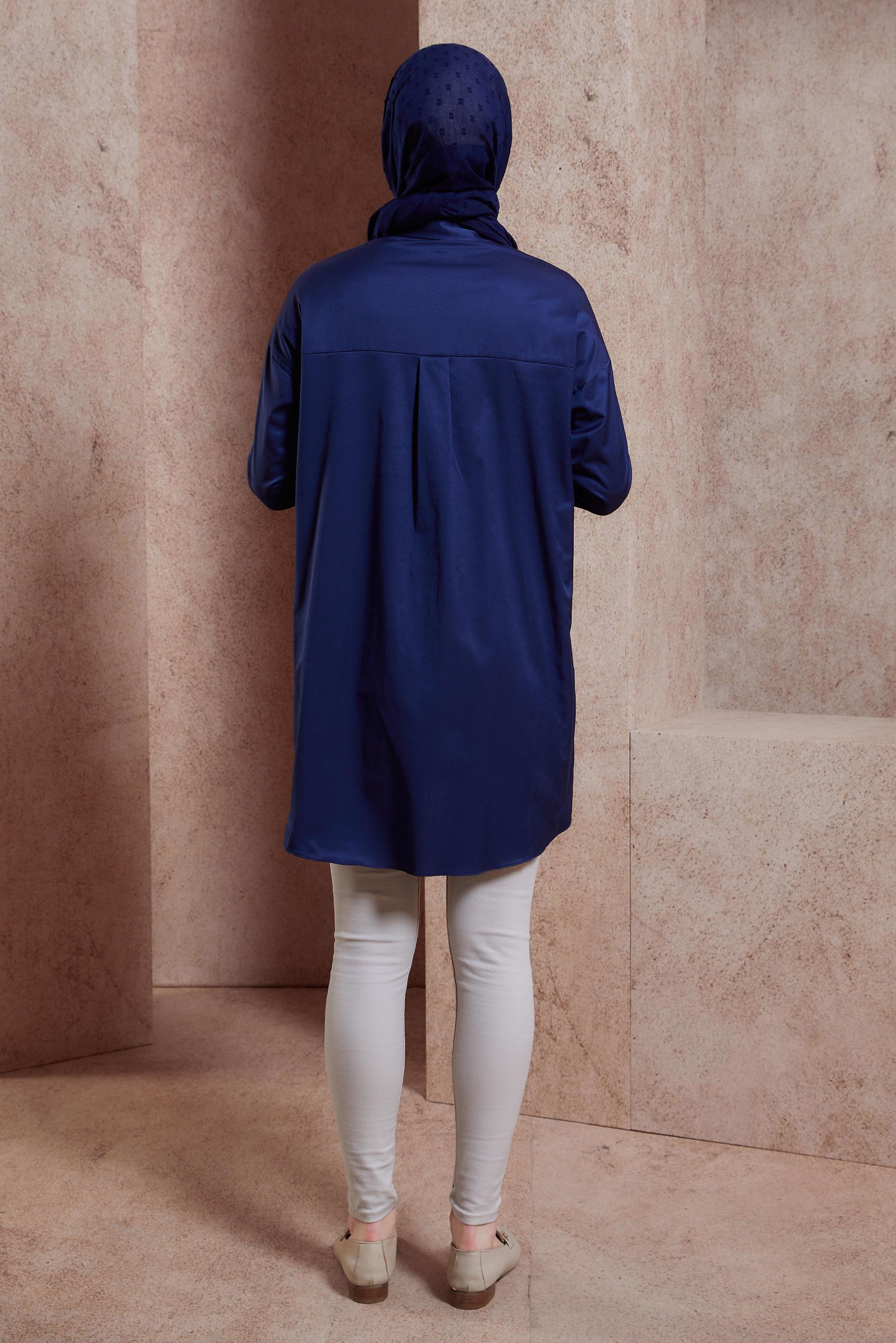 Tesettür giyim LACİVERT SATEN GÖMLEK TUNİK 44421