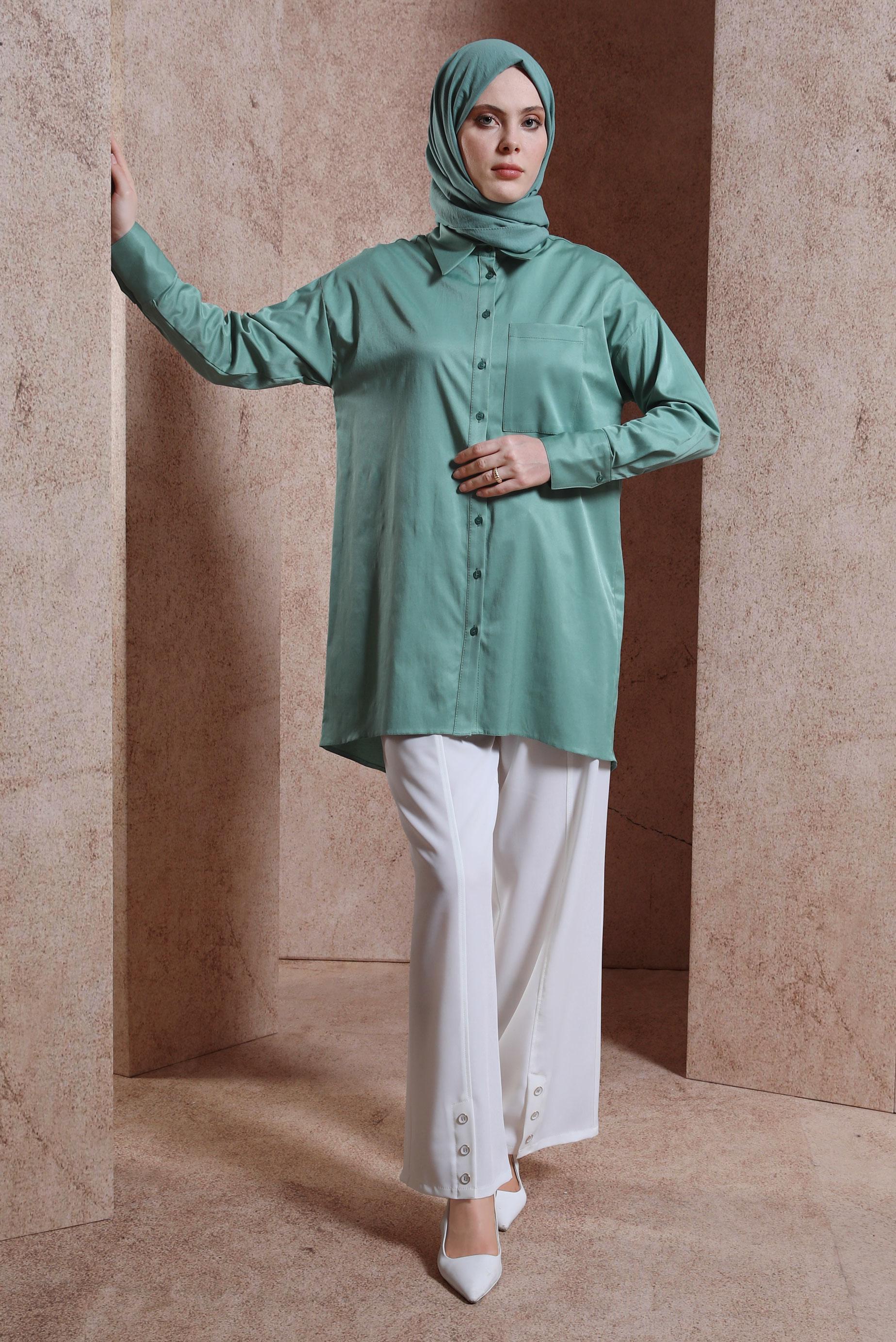 Tesettür giyim MAVİ SATEN GÖMLEK TUNİK 44421