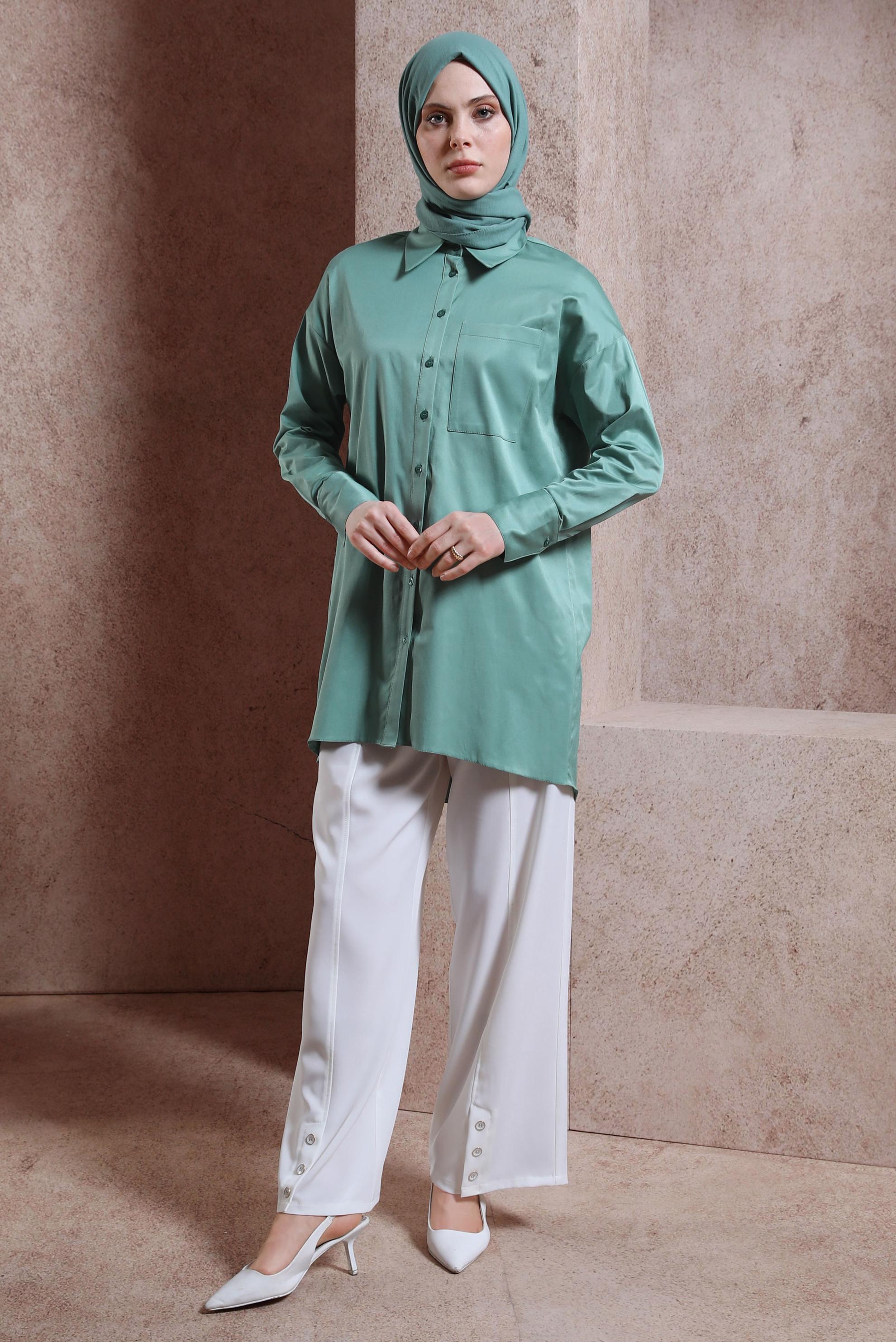 Tesettür giyim MAVİ SATEN GÖMLEK TUNİK 44421