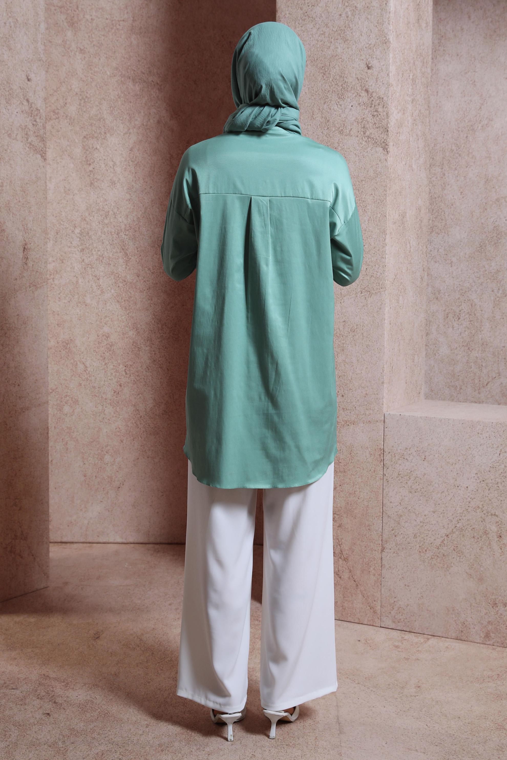 Tesettür giyim MAVİ SATEN GÖMLEK TUNİK 44421