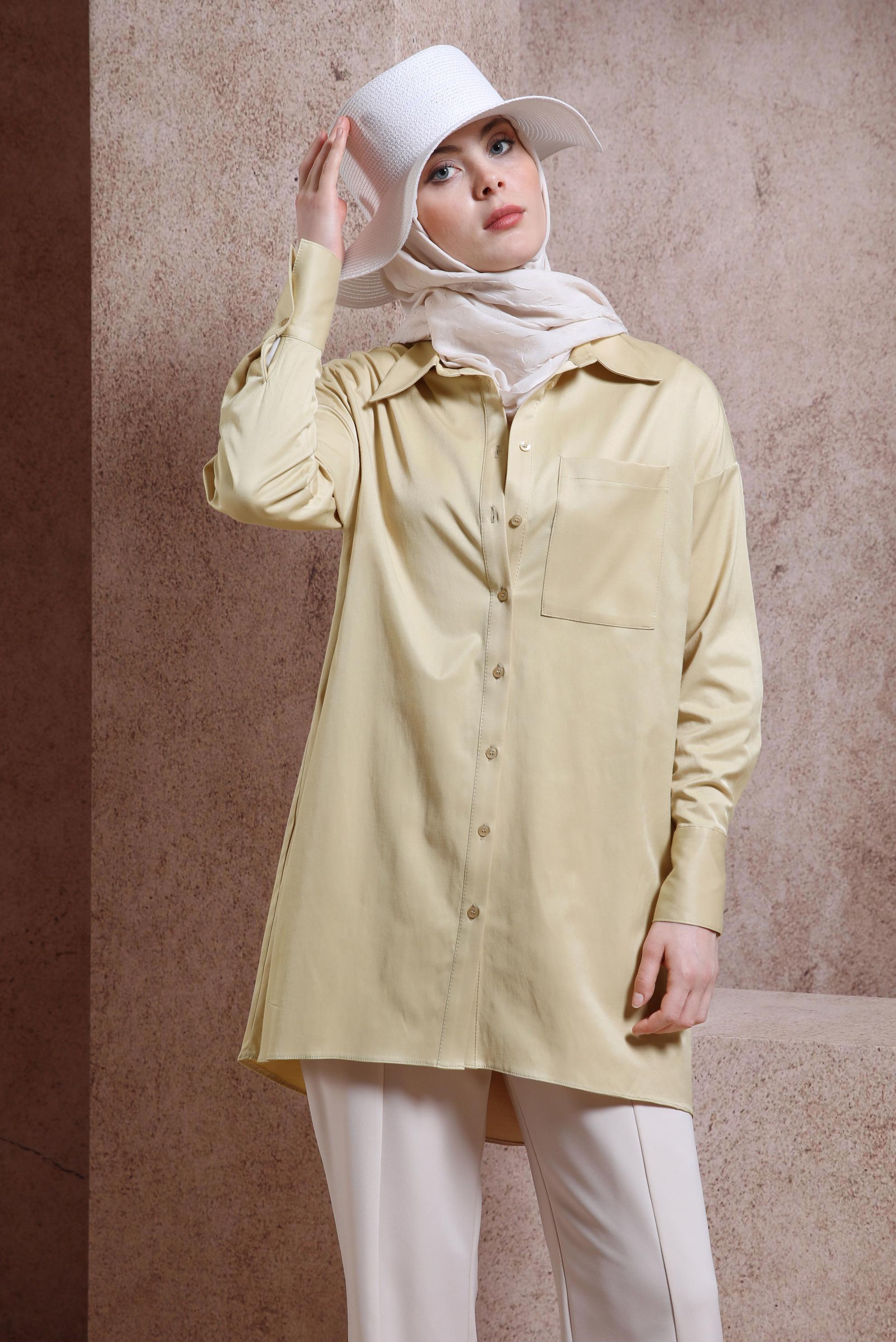 Tesettür giyim KUM SATEN GÖMLEK TUNİK 44421