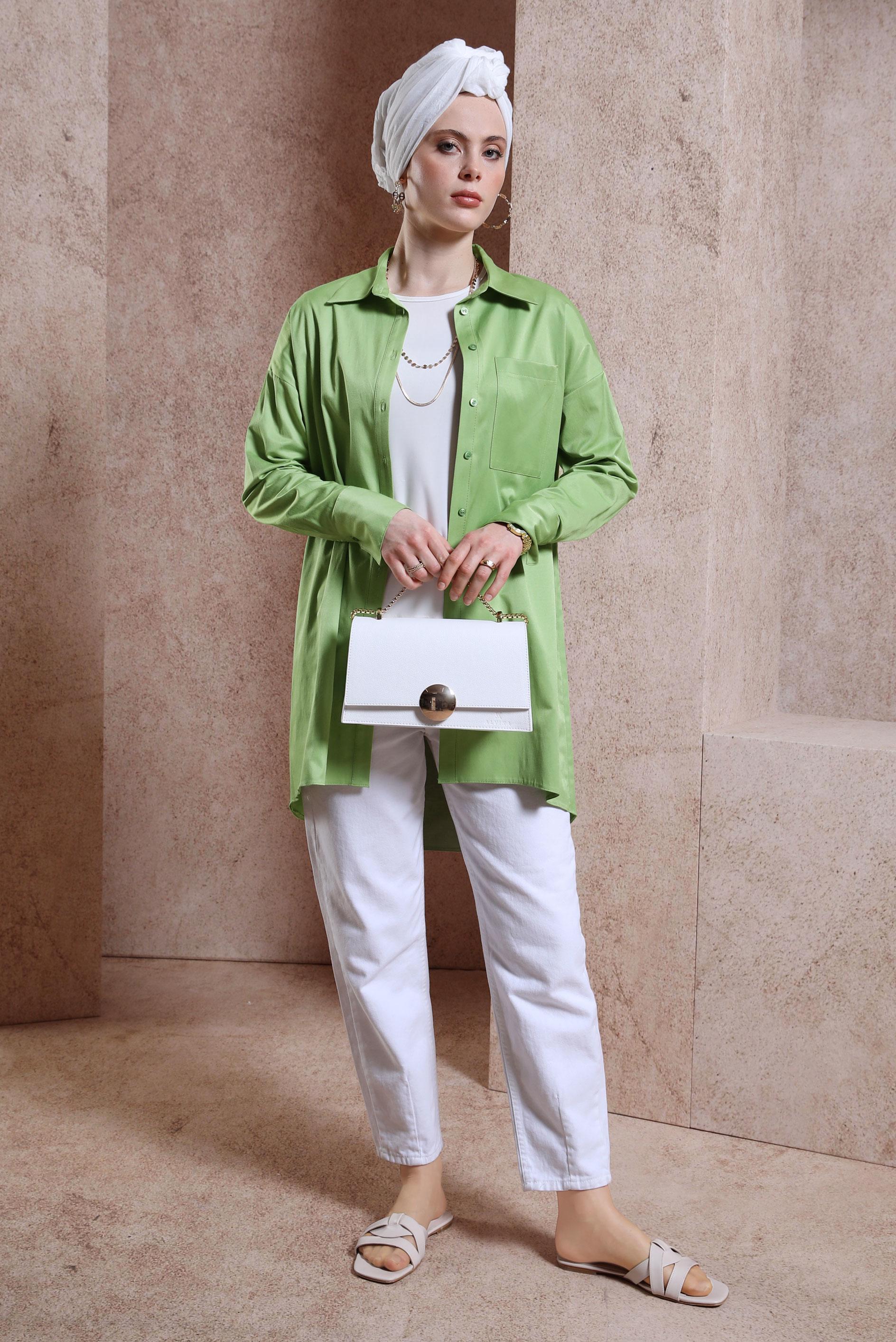 Tesettür giyim YEŞİL SATEN GÖMLEK TUNİK 44421