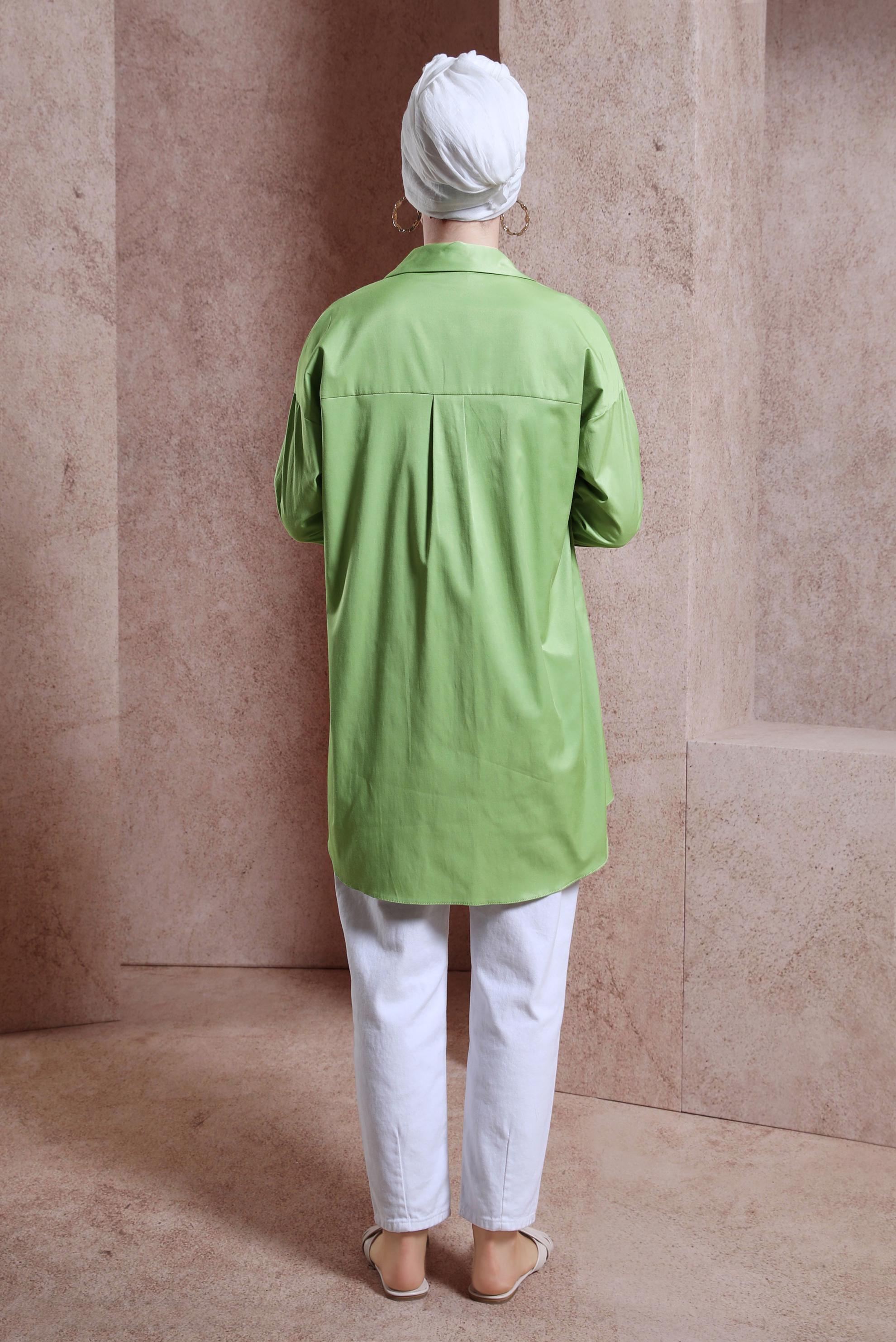 Tesettür giyim YEŞİL SATEN GÖMLEK TUNİK 44421