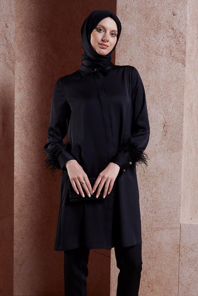 Tesettür giyim SİYAH TÜY DETAYLI TUNİK 44422 - ALVİNA