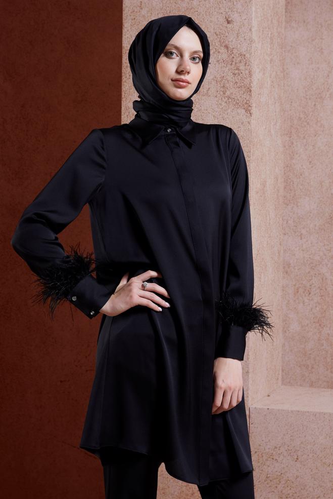 Tesettür giyim SİYAH TÜY DETAYLI TUNİK 44422 - ALVİNA