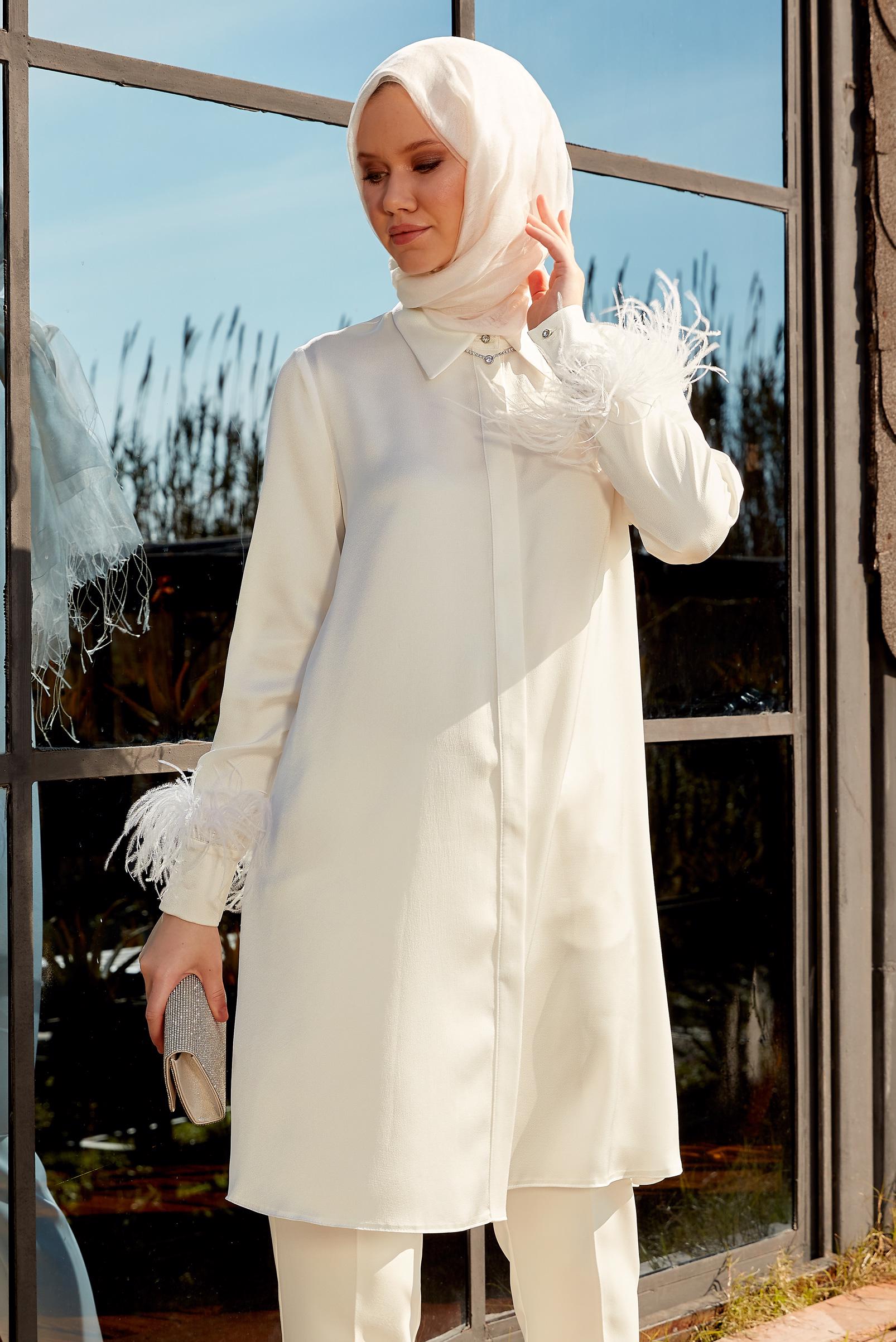 Hijab clothing WHITE FEATHER DETAILED TUNIC 44422