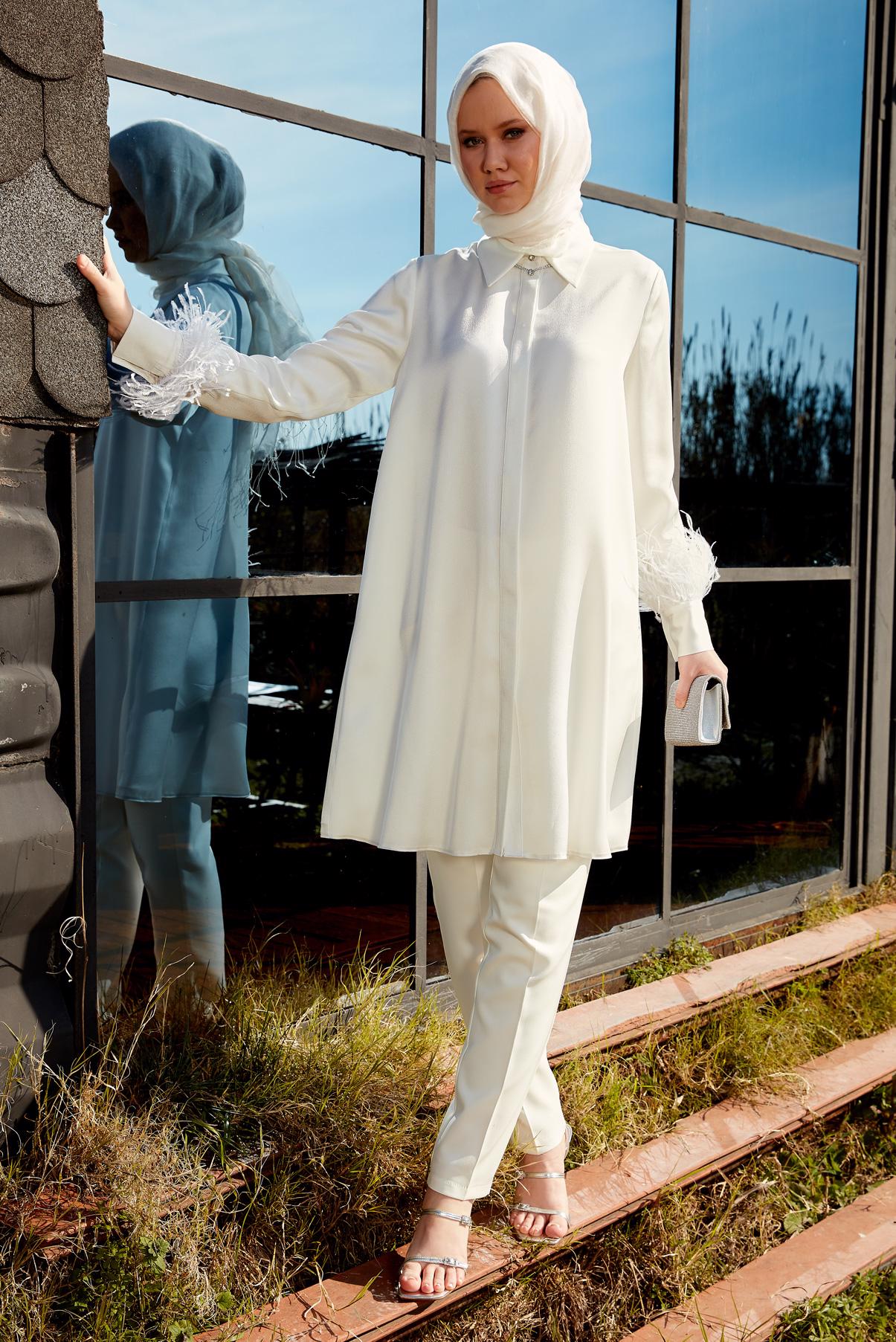 Hijab clothing WHITE FEATHER DETAILED TUNIC 44422