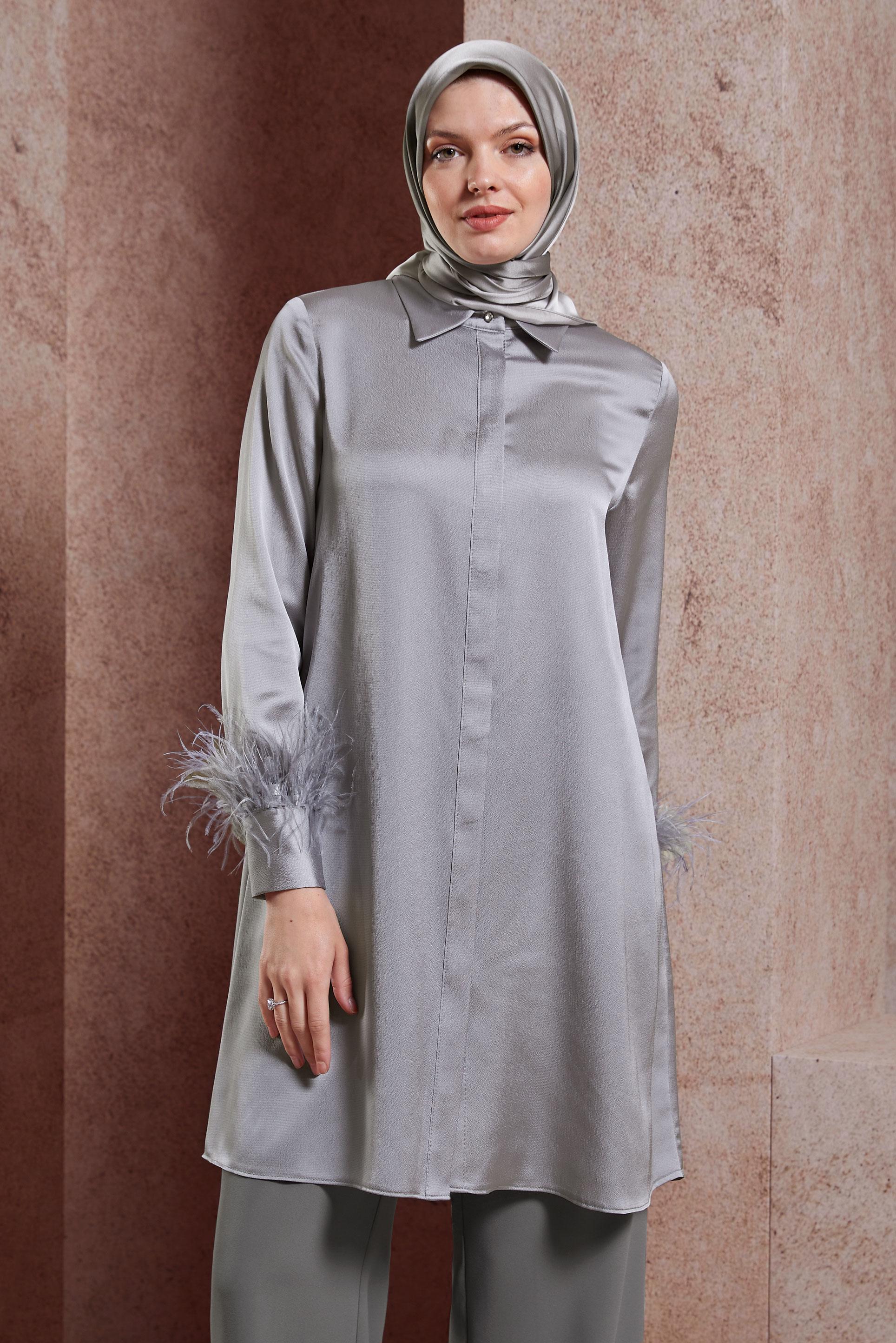 Tesettür giyim GRİ TÜY DETAYLI TUNİK 44422