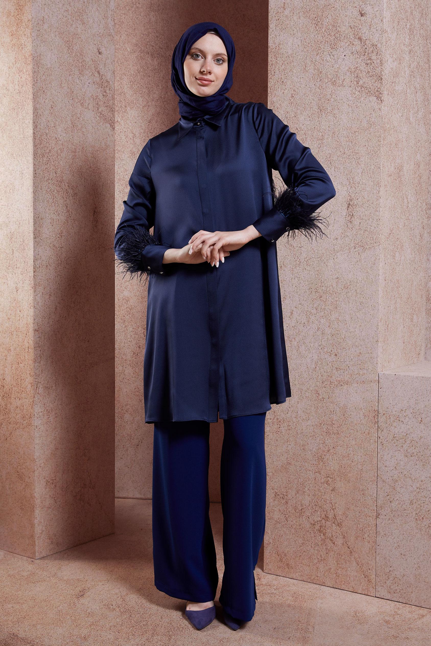 Tesettür giyim LACİVERT TÜY DETAYLI TUNİK 44422