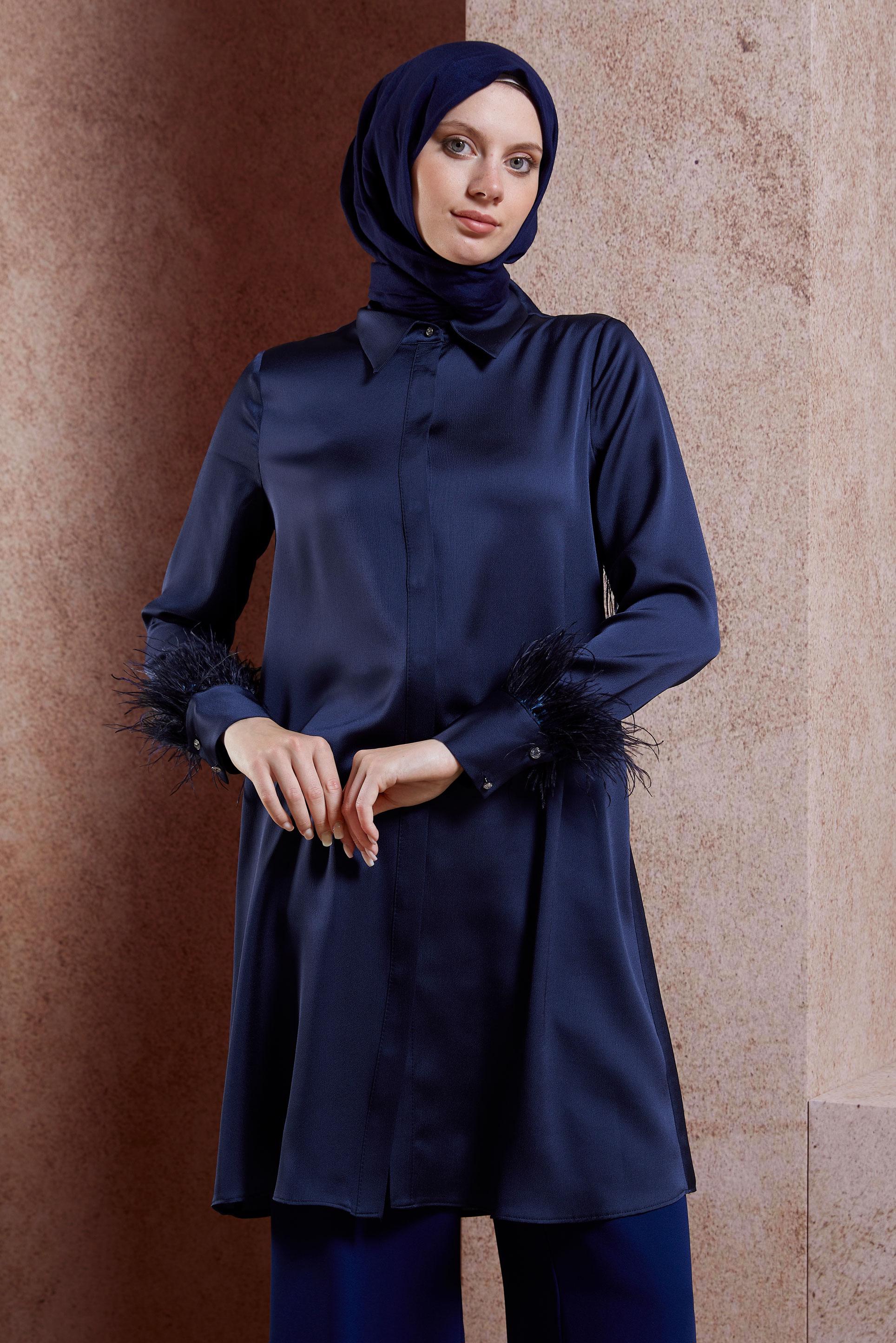 Tesettür giyim LACİVERT TÜY DETAYLI TUNİK 44422