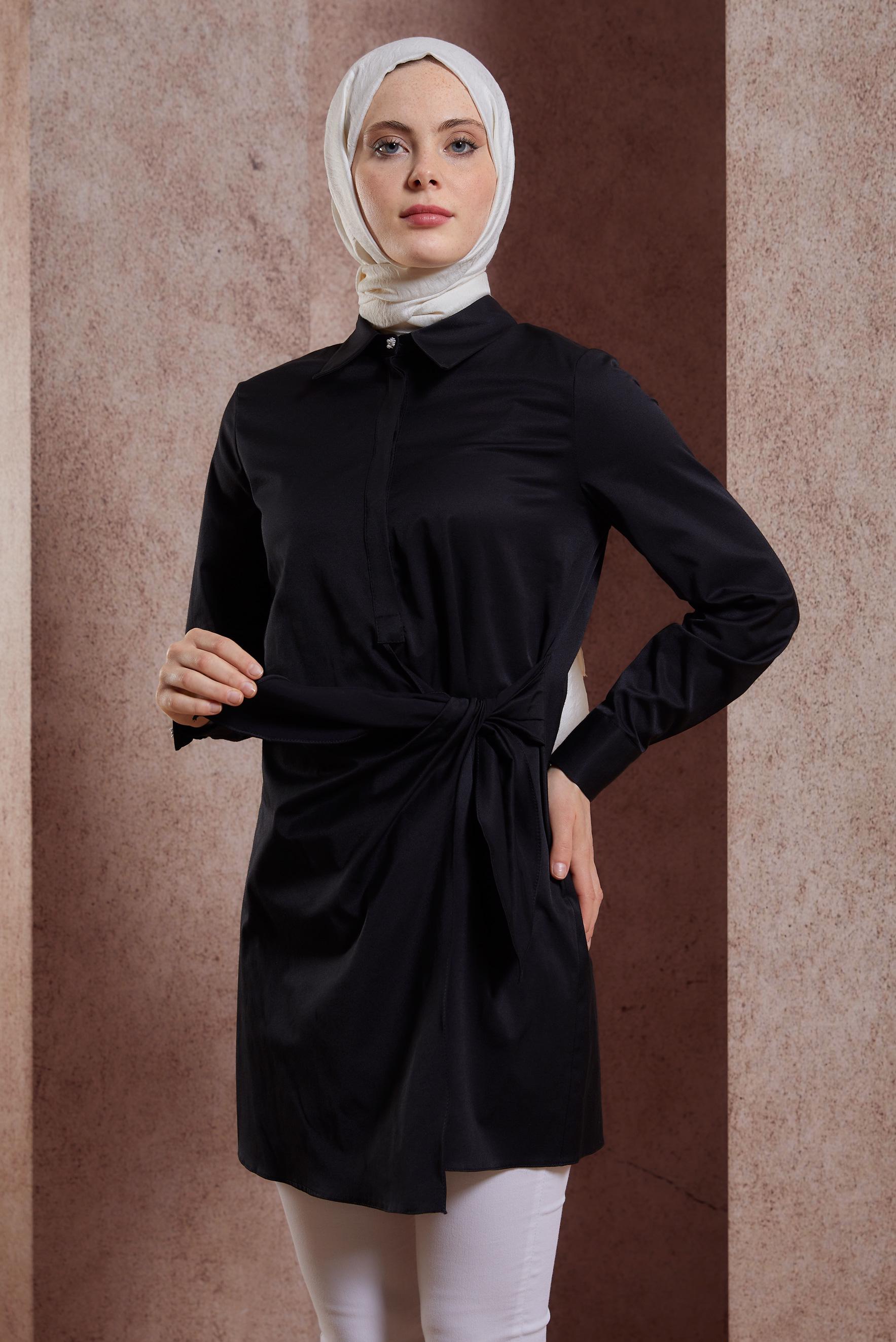 Tesettür giyim SİYAH GÖMLEK YAKA TUNİK 44423