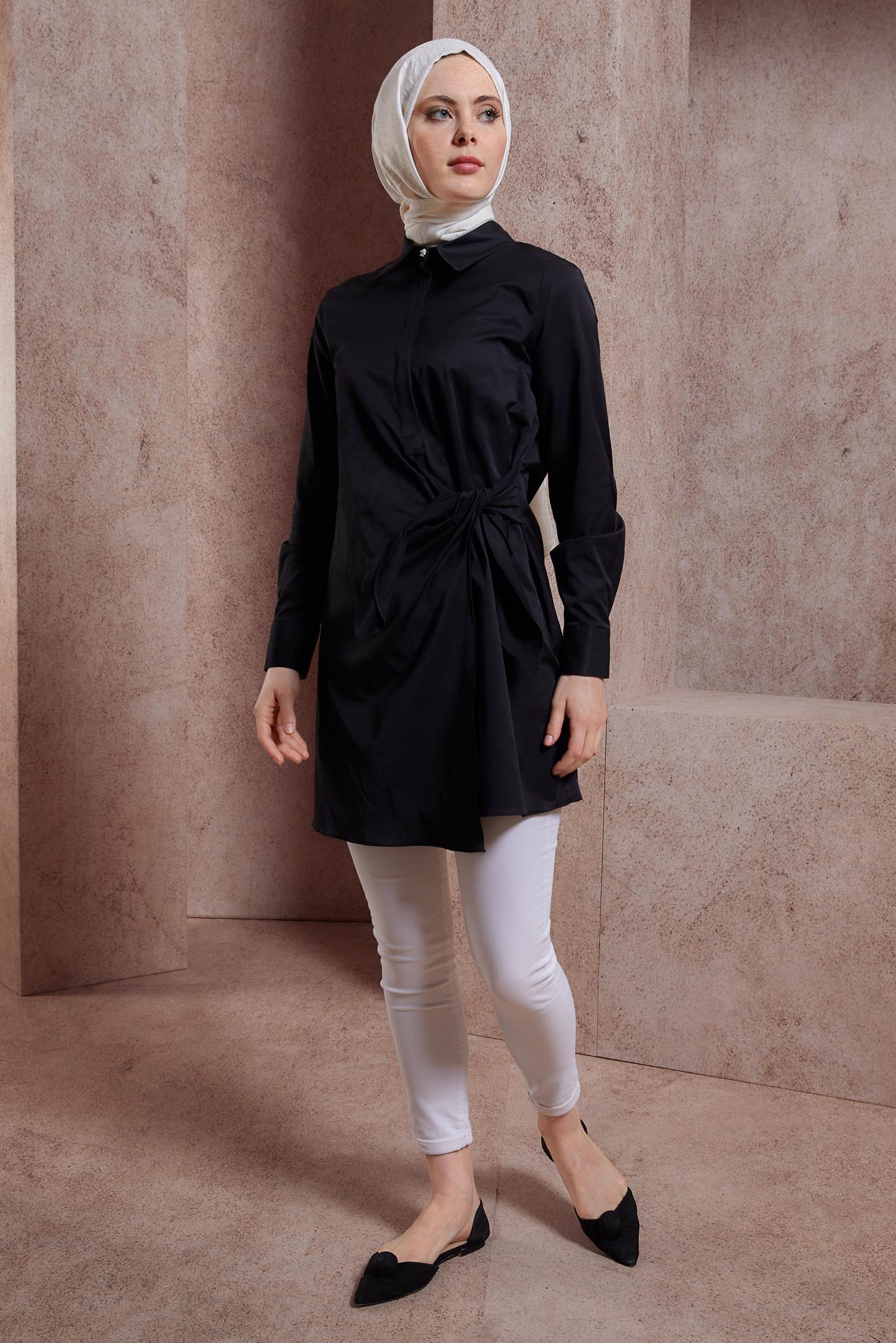 Tesettür giyim SİYAH GÖMLEK YAKA TUNİK 44423