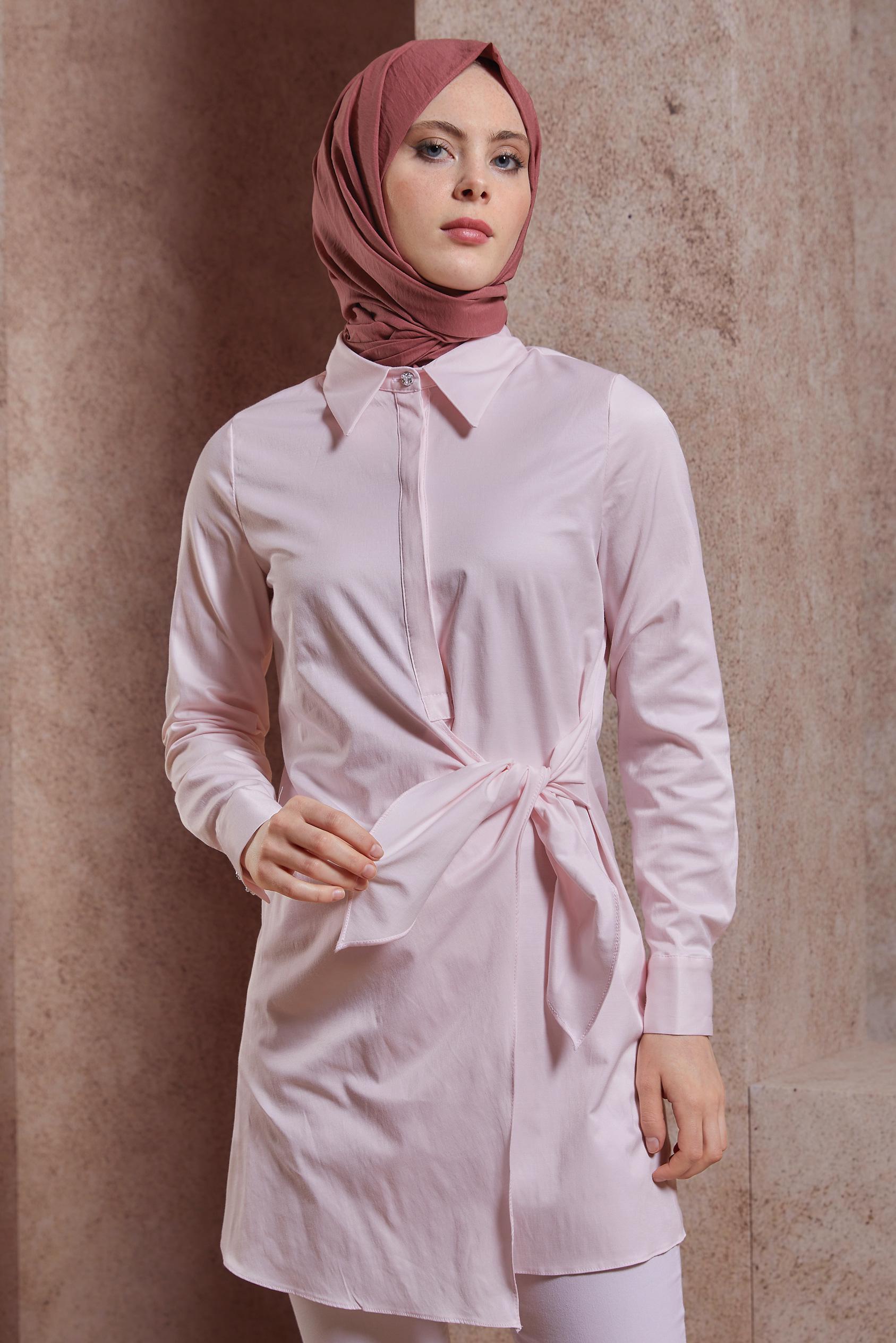 Tesettür giyim PEMBE GÖMLEK YAKA TUNİK 44423