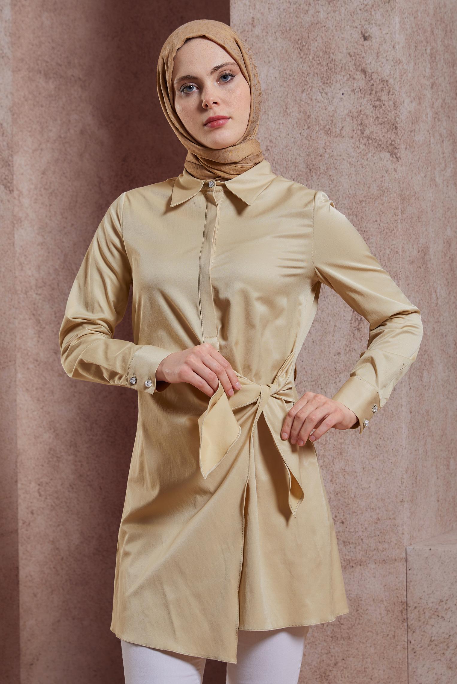 Tesettür giyim KUM GÖMLEK YAKA TUNİK 44423