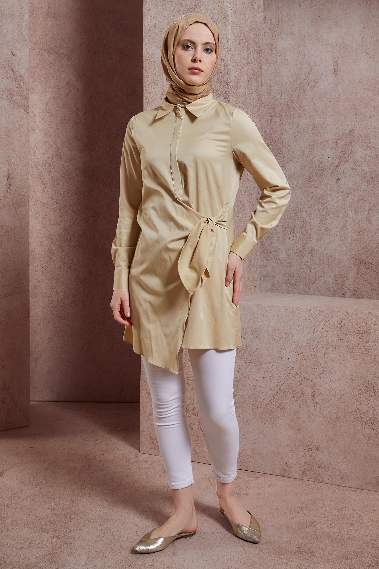 Tesettür giyim KUM GÖMLEK YAKA TUNİK 44423