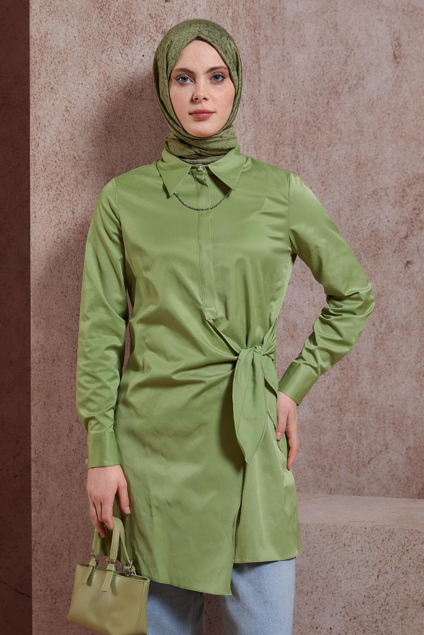 Tesettür giyim YEŞİL GÖMLEK YAKA TUNİK 44423