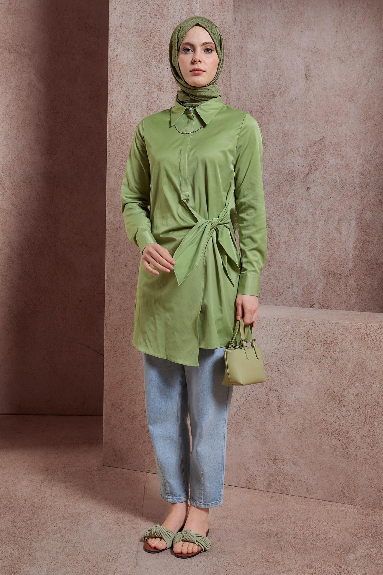 Tesettür giyim YEŞİL GÖMLEK YAKA TUNİK 44423