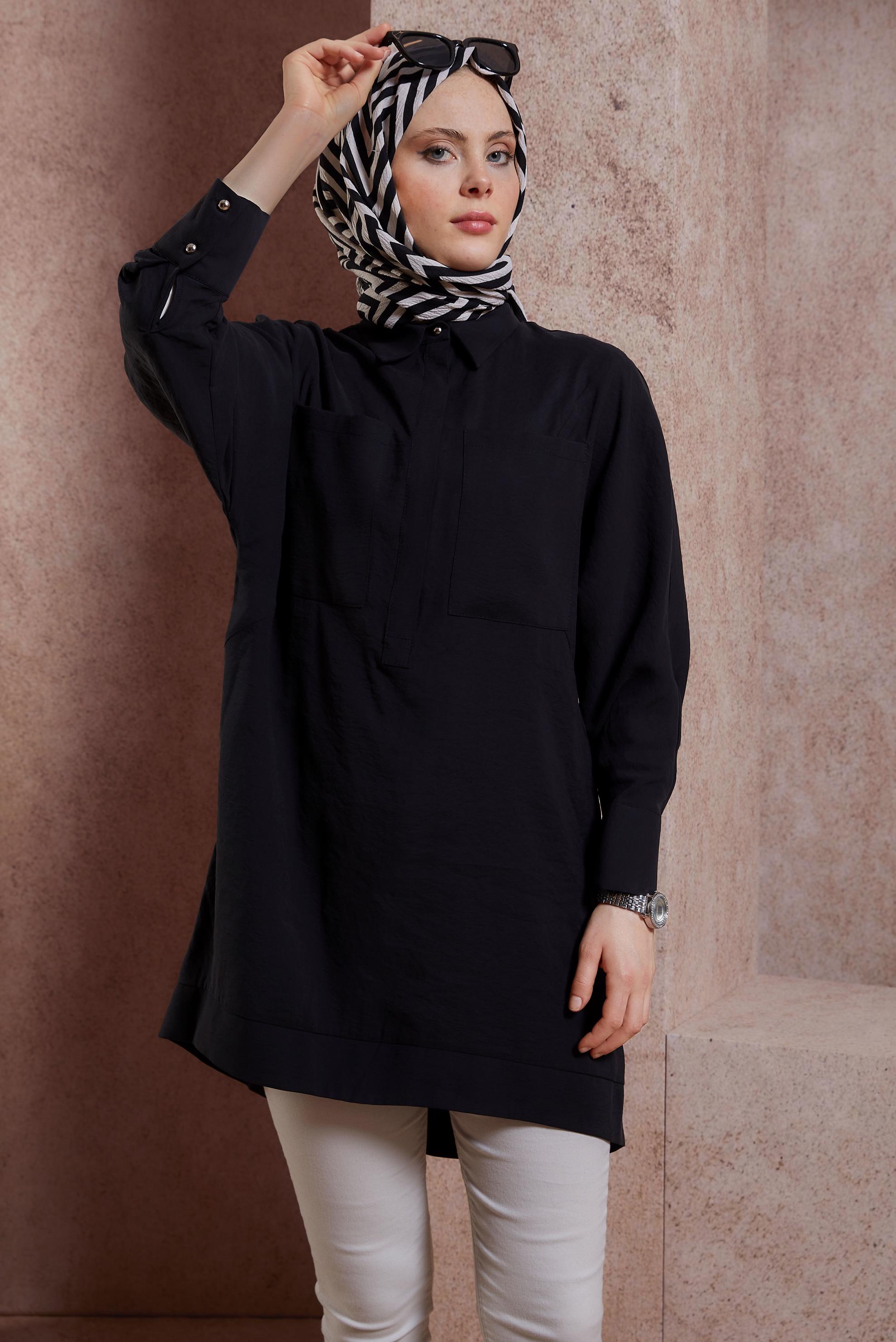 Tesettür giyim SİYAH GÖMLEK YAKA TUNİK 44433