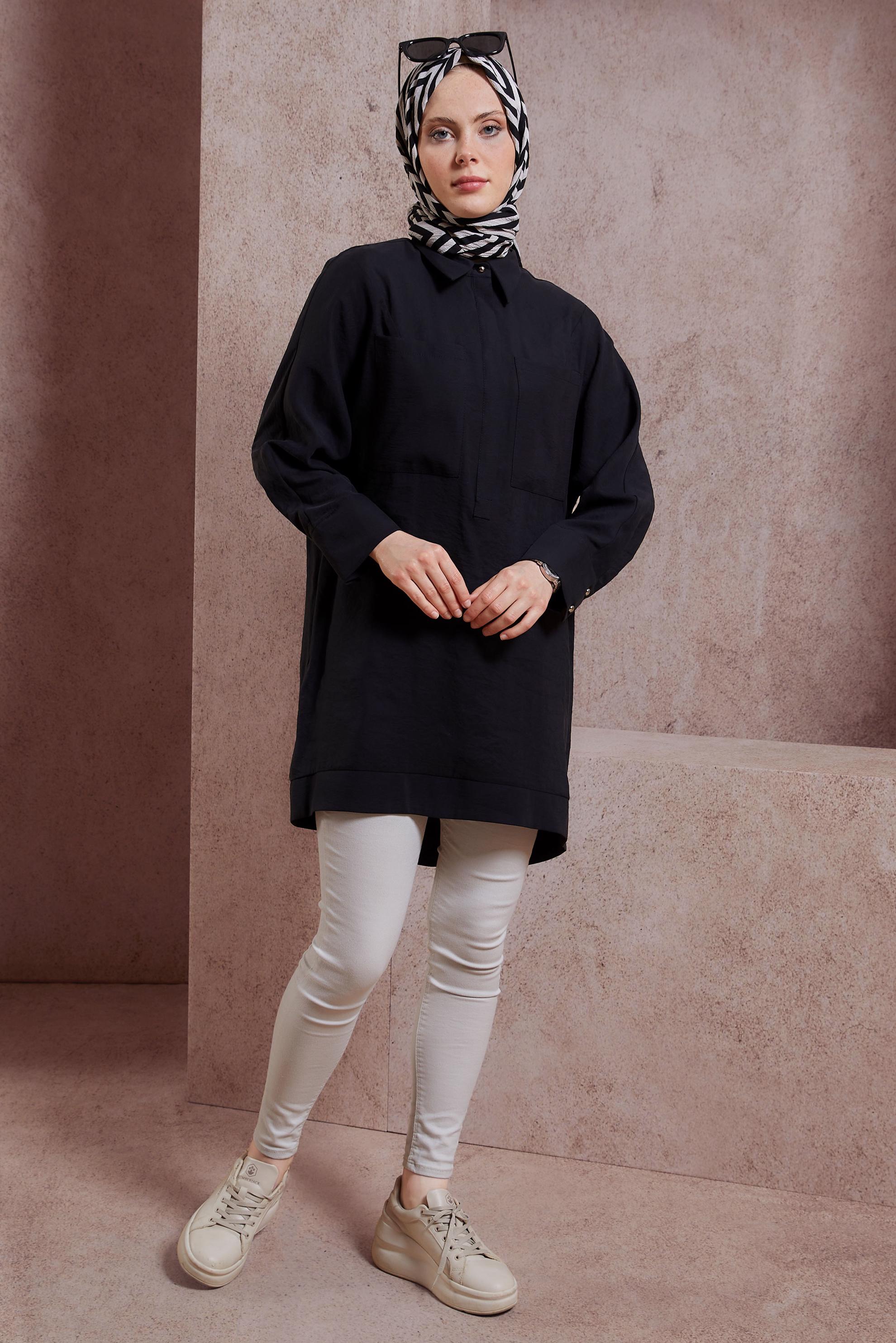 Tesettür giyim SİYAH GÖMLEK YAKA TUNİK 44433