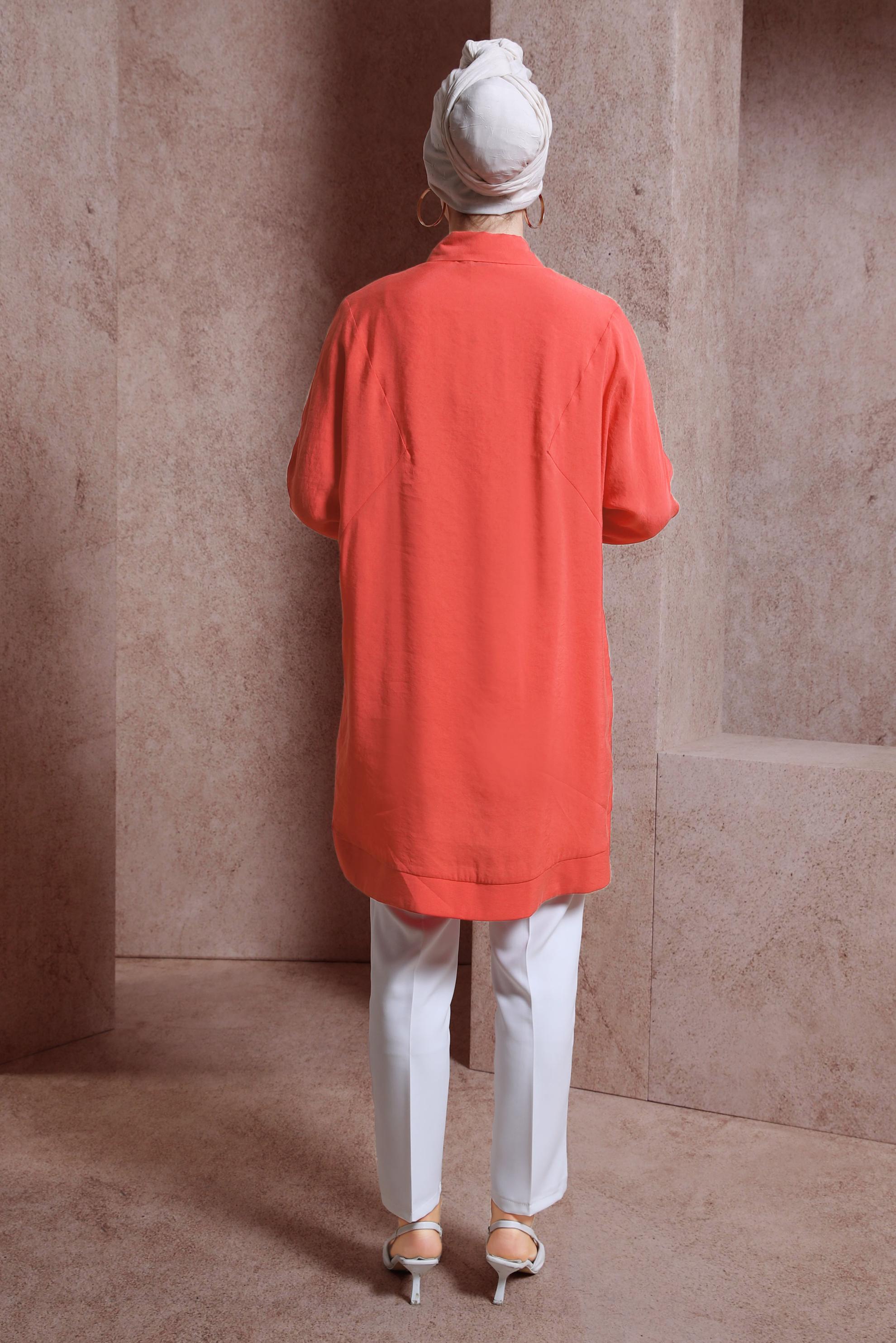 Tesettür giyim KIRMIZI GÖMLEK YAKA TUNİK 44433