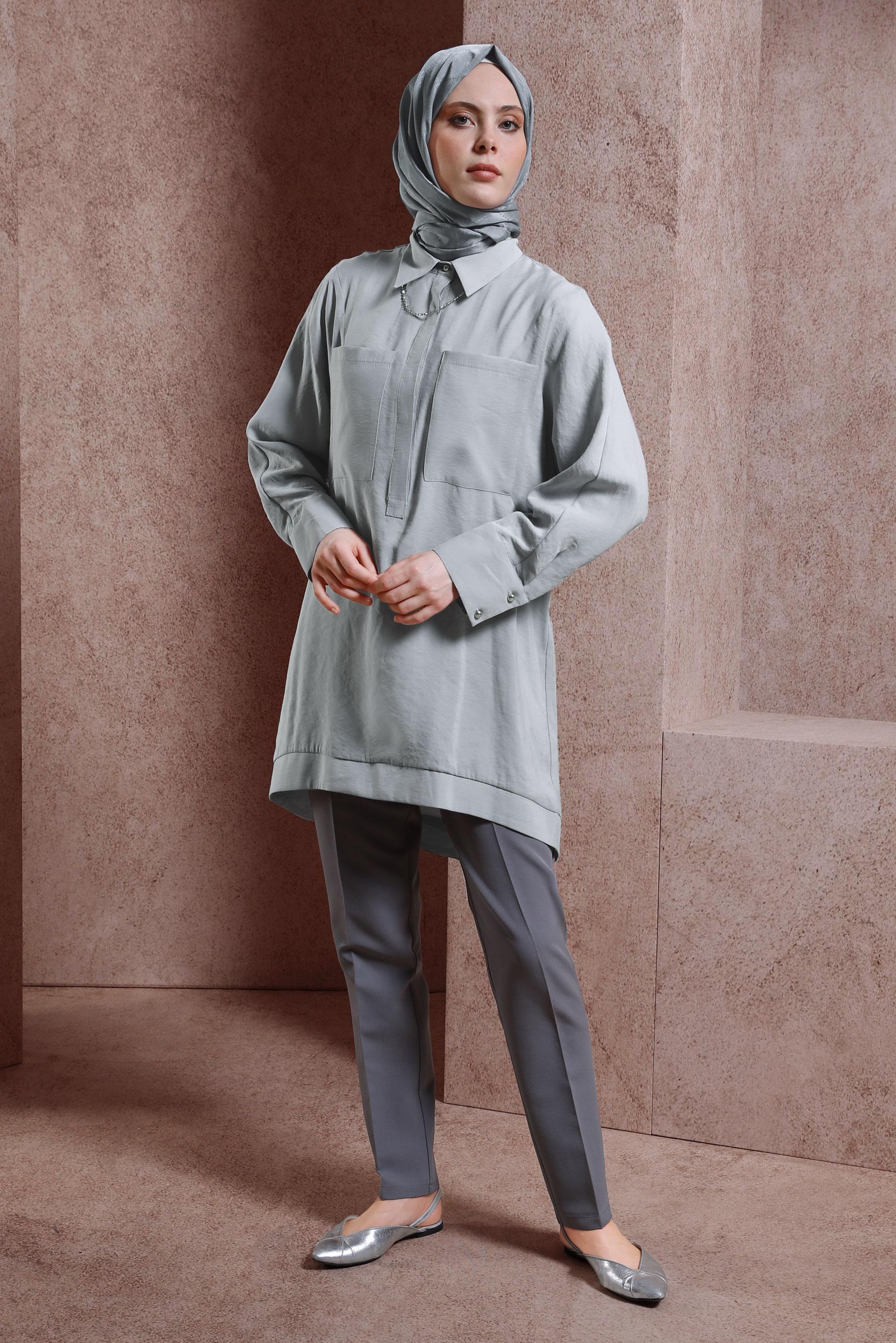Tesettür giyim GRİ GÖMLEK YAKA TUNİK 44433