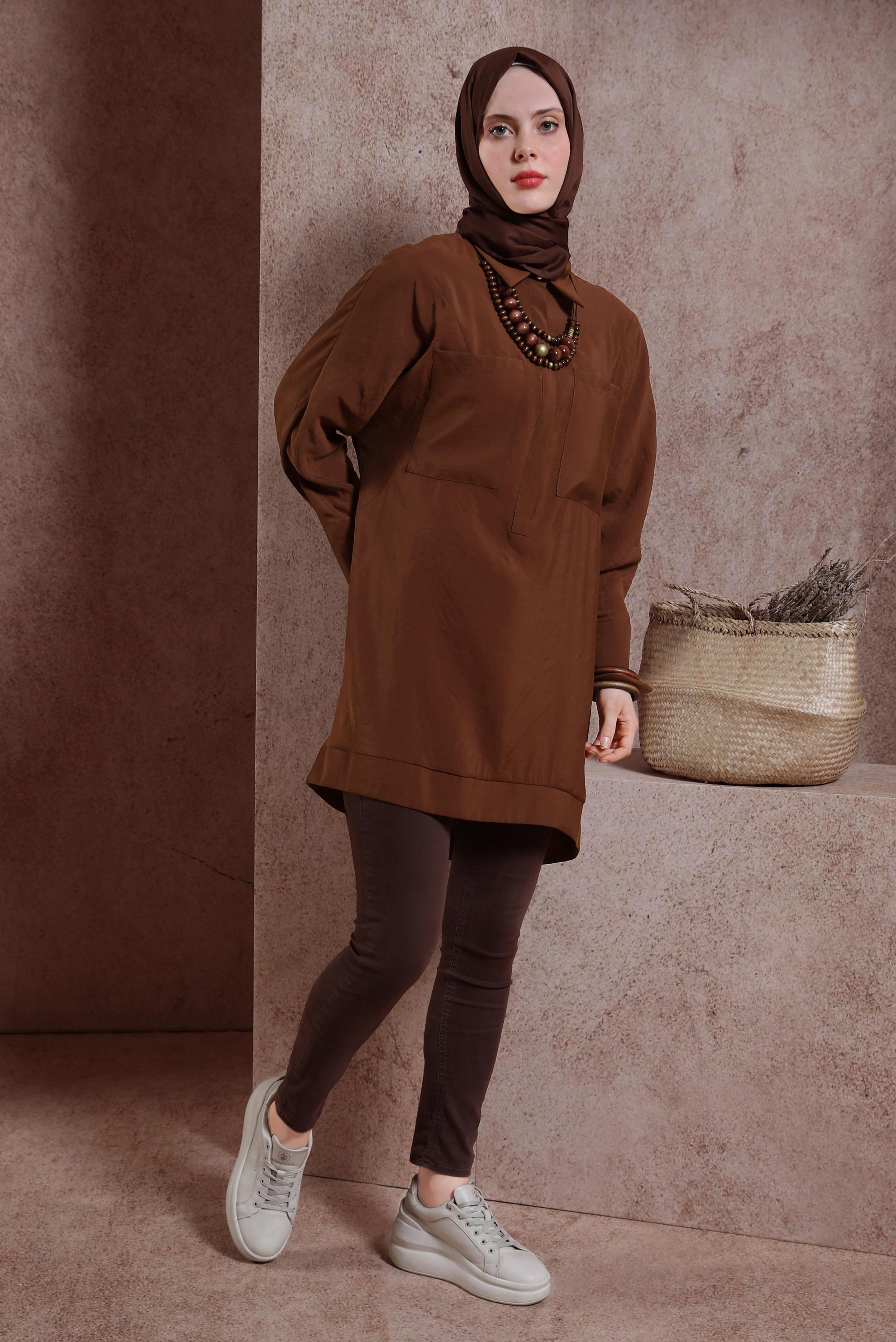 Tesettür giyim KAHVE GÖMLEK YAKA TUNİK 44433