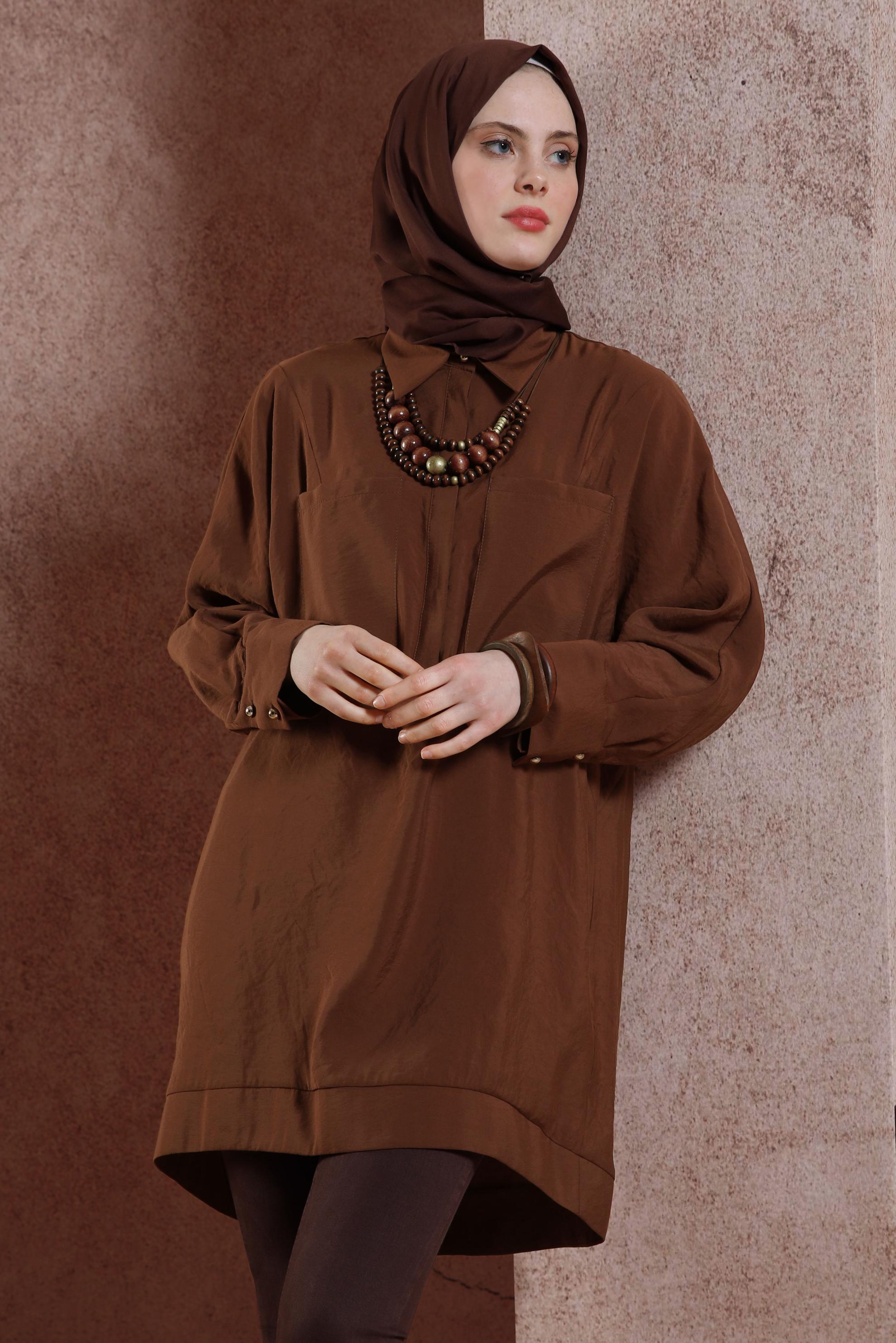 Tesettür giyim KAHVE GÖMLEK YAKA TUNİK 44433