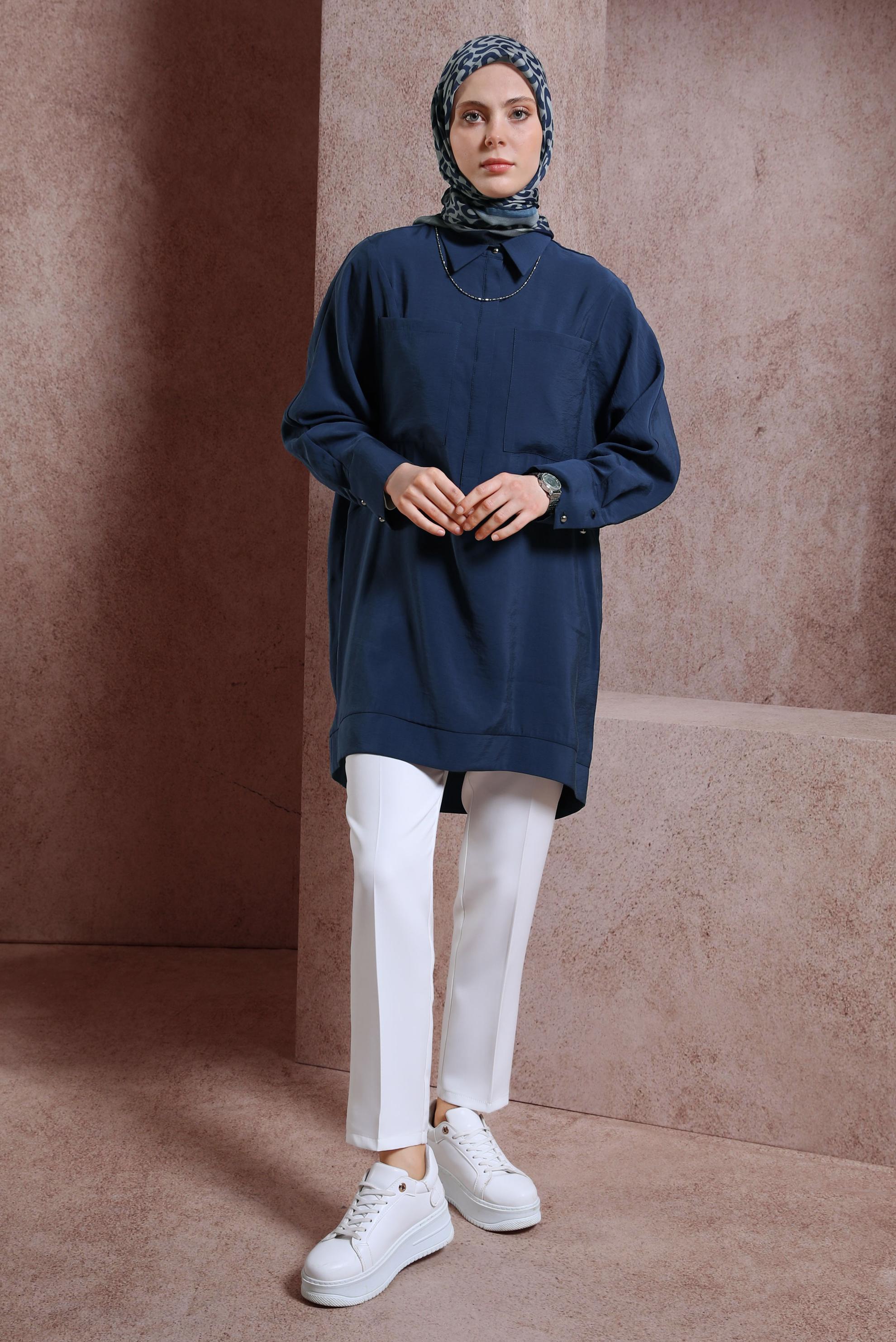 Tesettür giyim LACİVERT GÖMLEK YAKA TUNİK 44433
