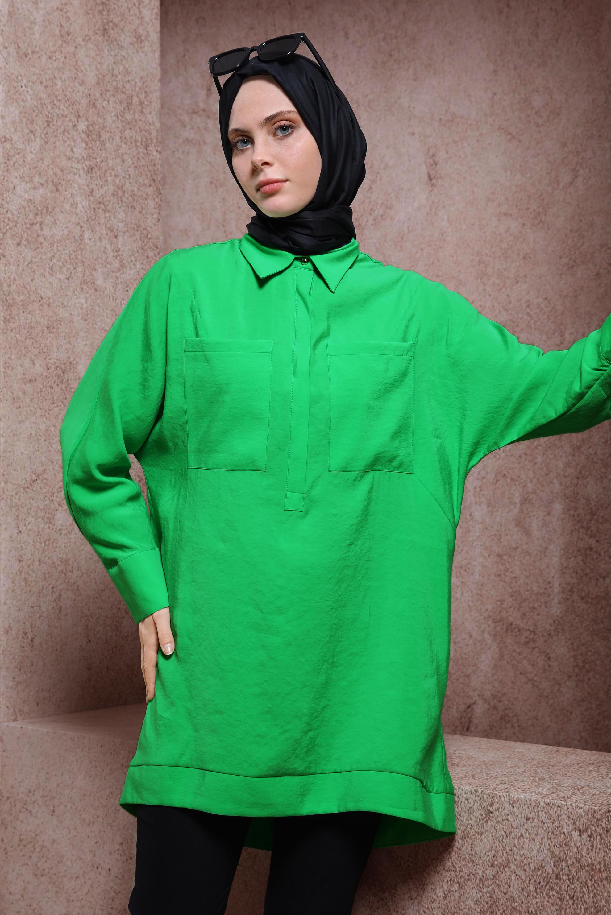 Tesettür giyim YEŞİL GÖMLEK YAKA TUNİK 44433