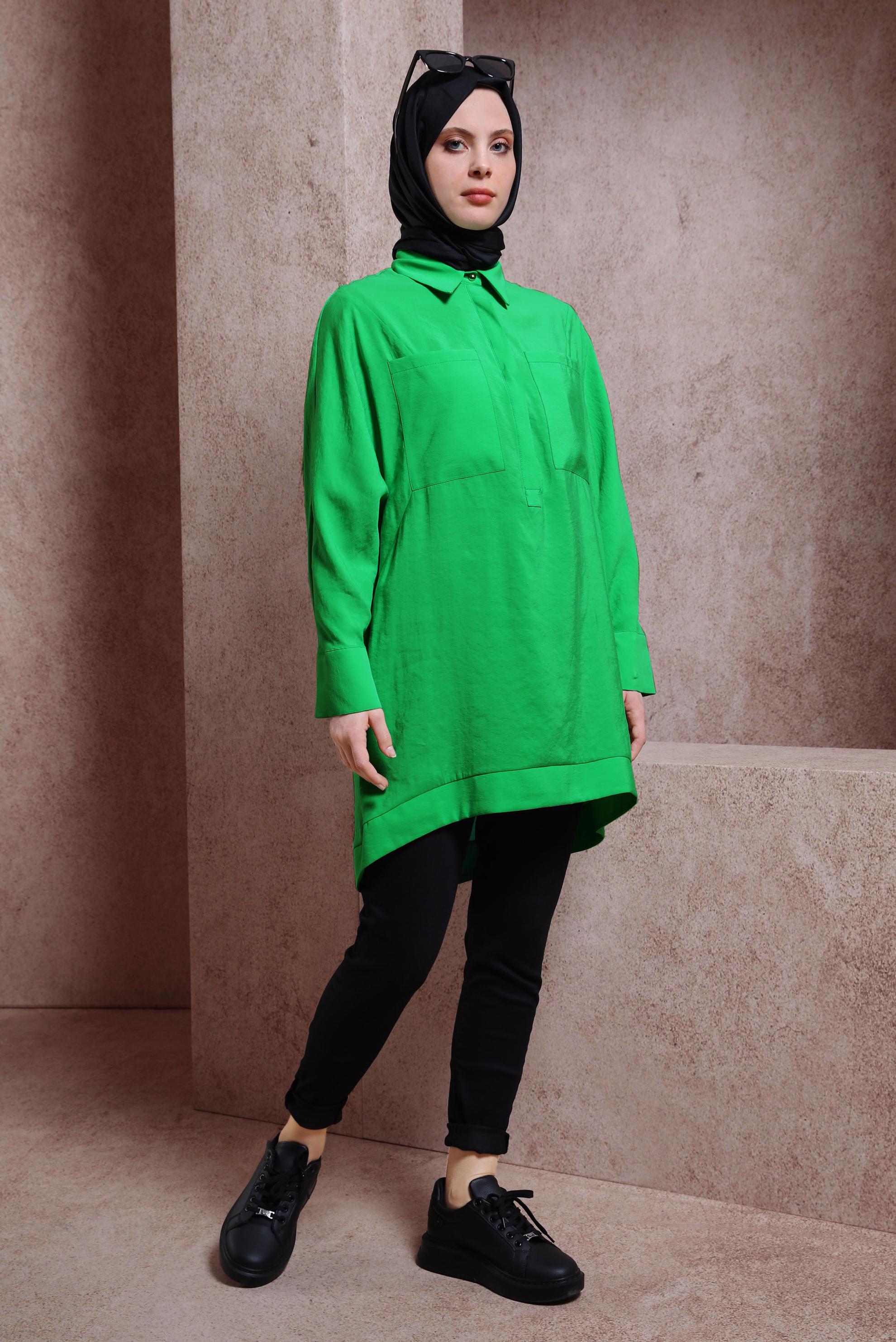 Tesettür giyim YEŞİL GÖMLEK YAKA TUNİK 44433