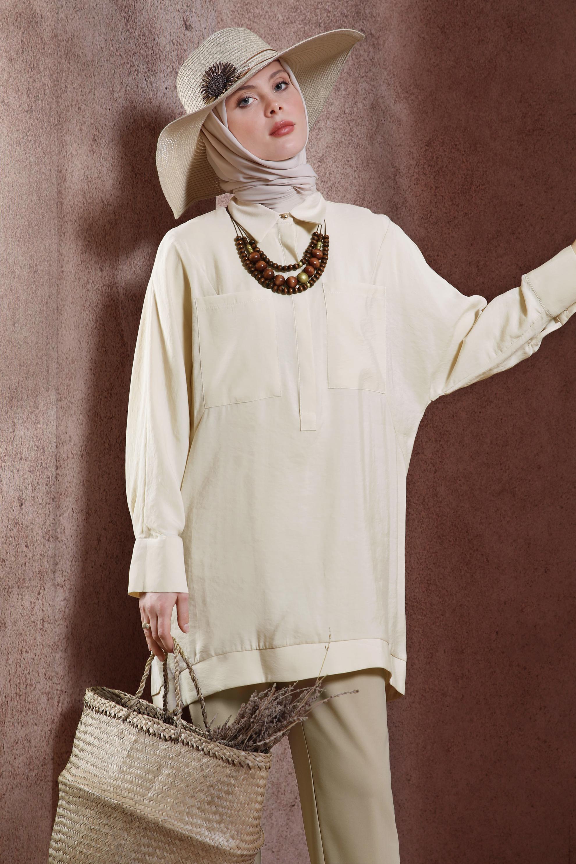 Tesettür giyim BEJ GÖMLEK YAKA TUNİK 44433