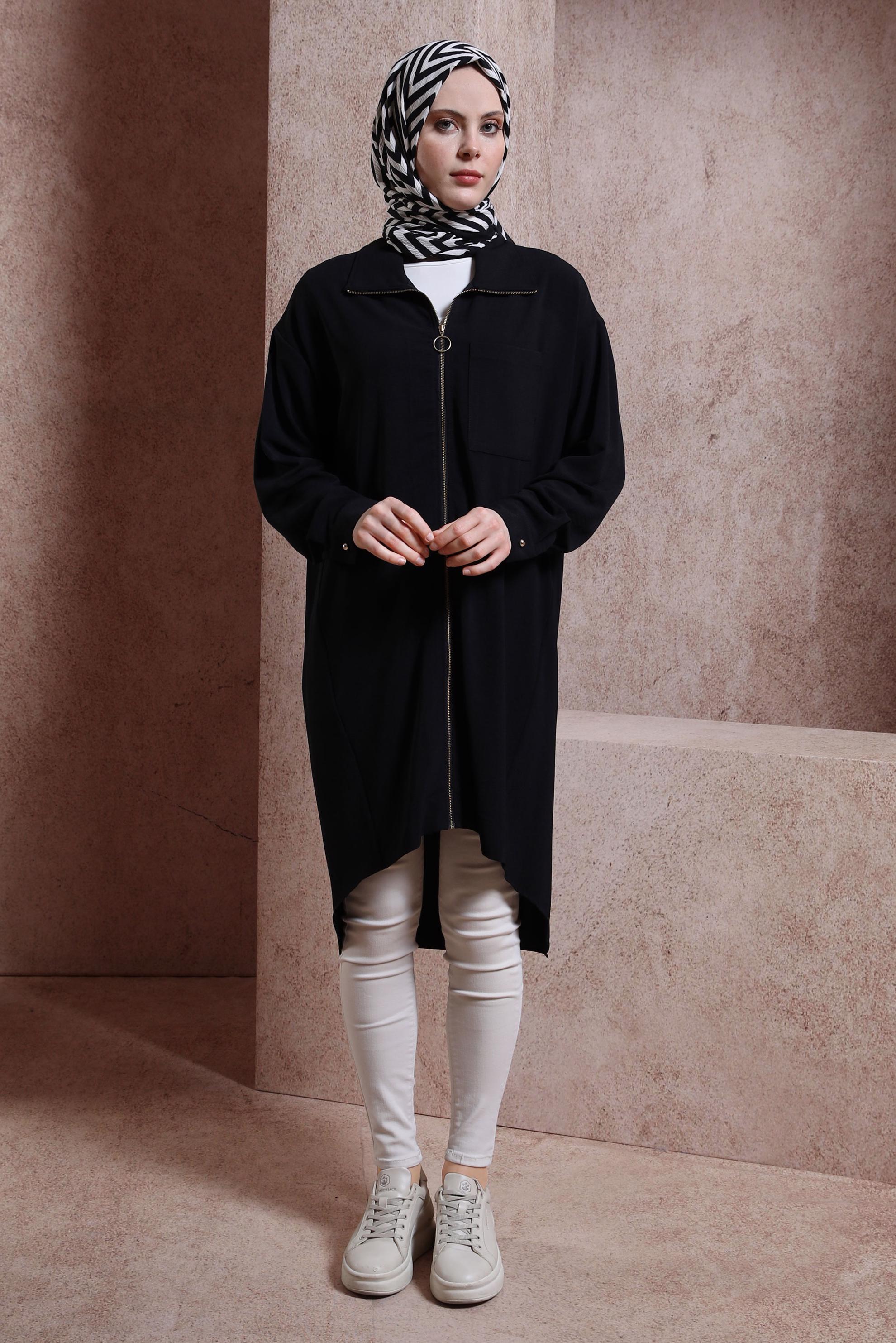 Tesettür giyim SİYAH FERMUARLI TUNİK 44435