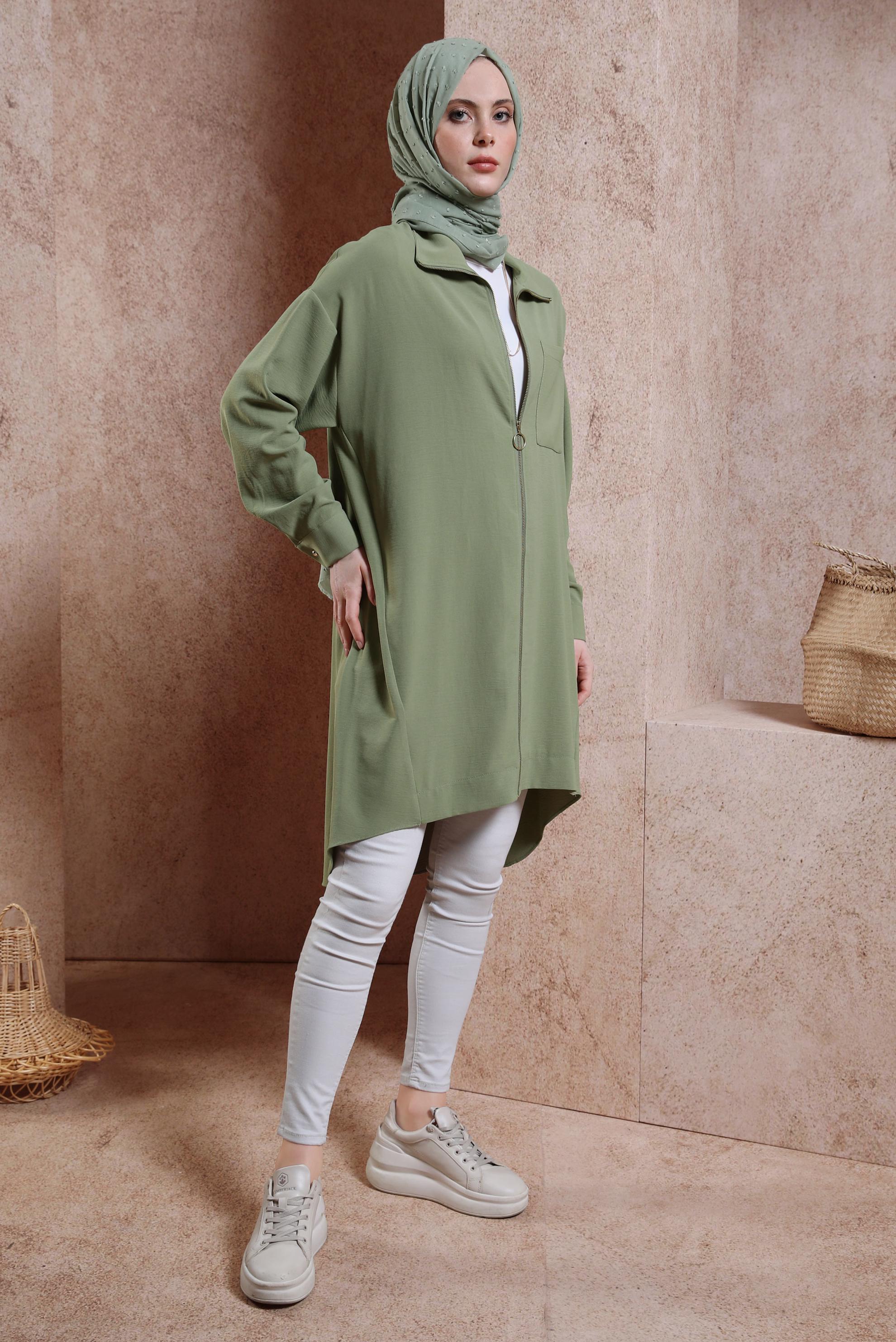 Tesettür giyim HAKİ FERMUARLI TUNİK 44435