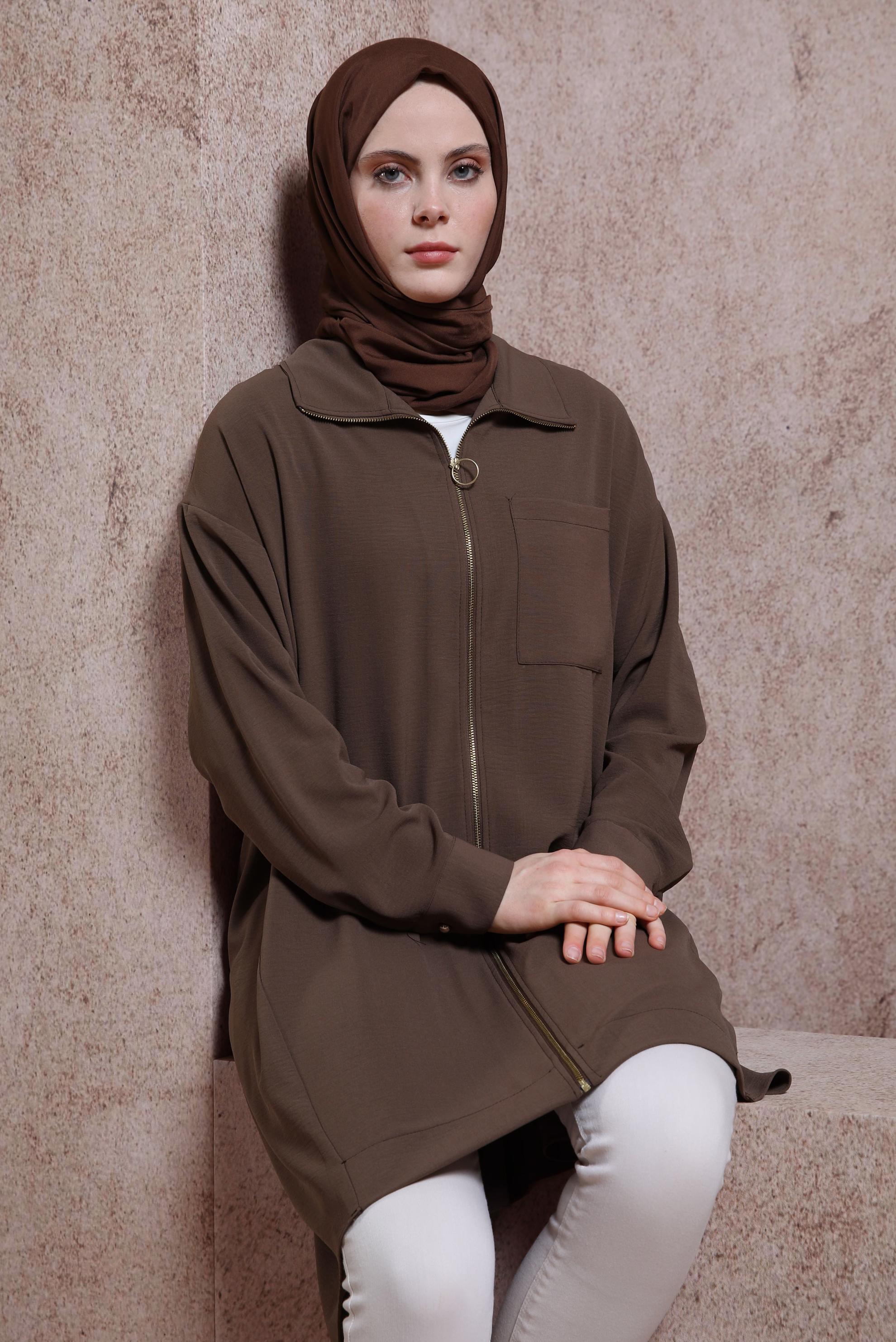 Tesettür giyim KAHVE FERMUARLI TUNİK 44435