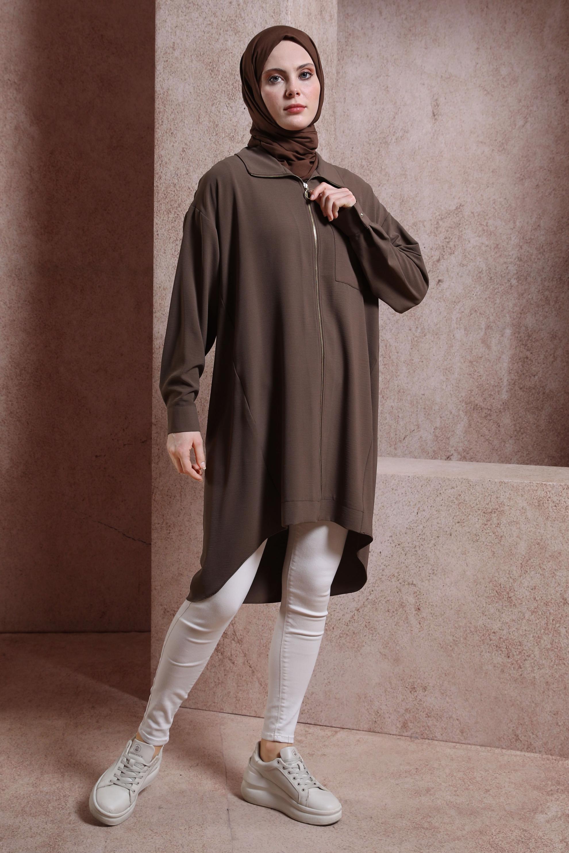 Tesettür giyim KAHVE FERMUARLI TUNİK 44435
