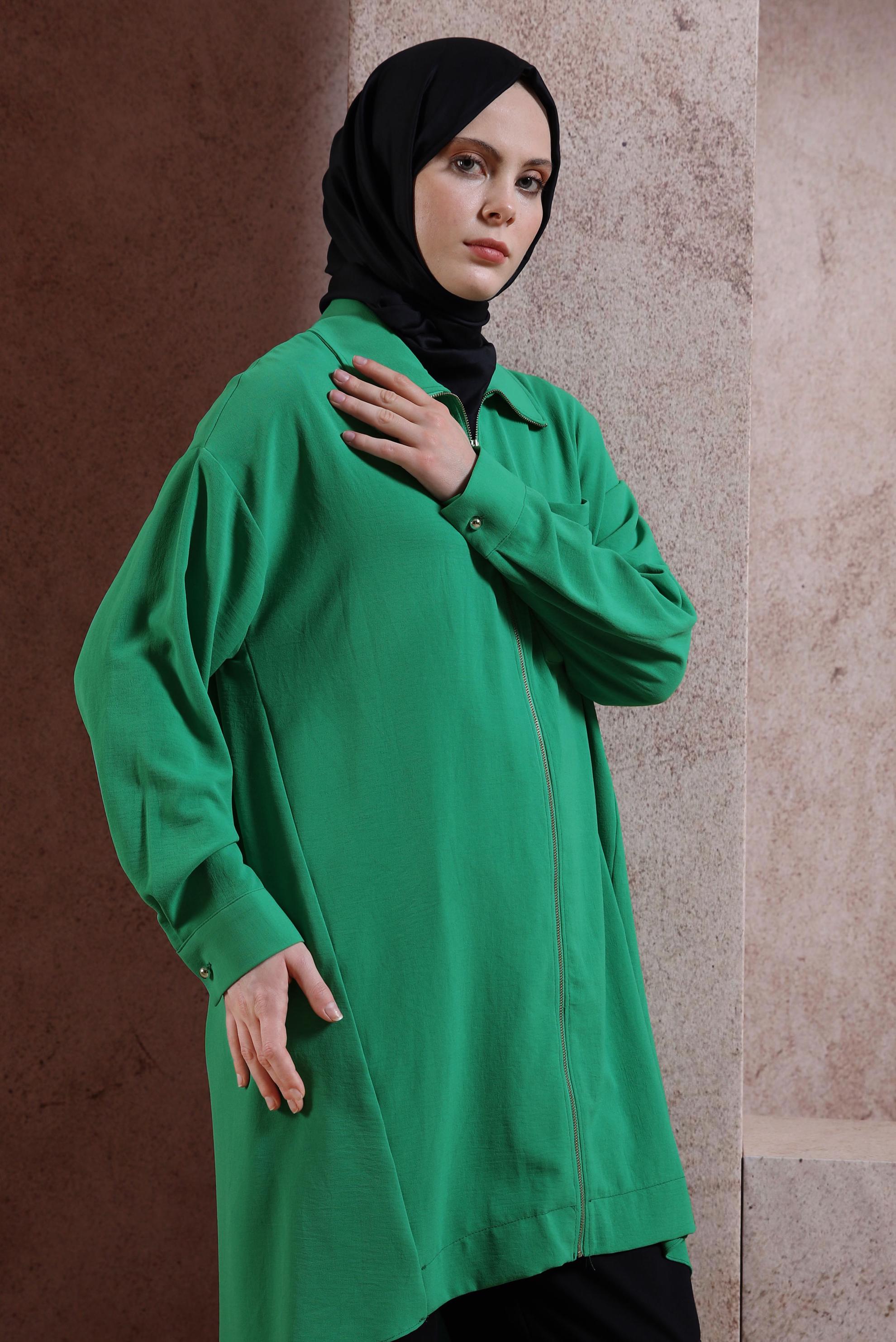 Tesettür giyim YEŞİL FERMUARLI TUNİK 44435