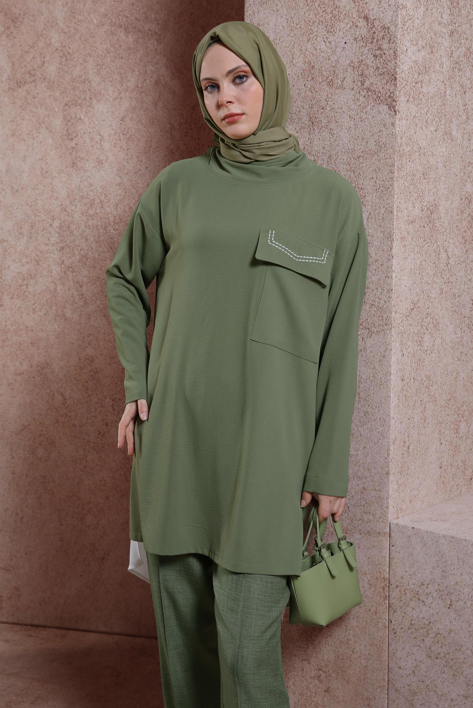 Tesettür giyim HAKİ YAKASI BAĞLAMALI TUNİK 44438
