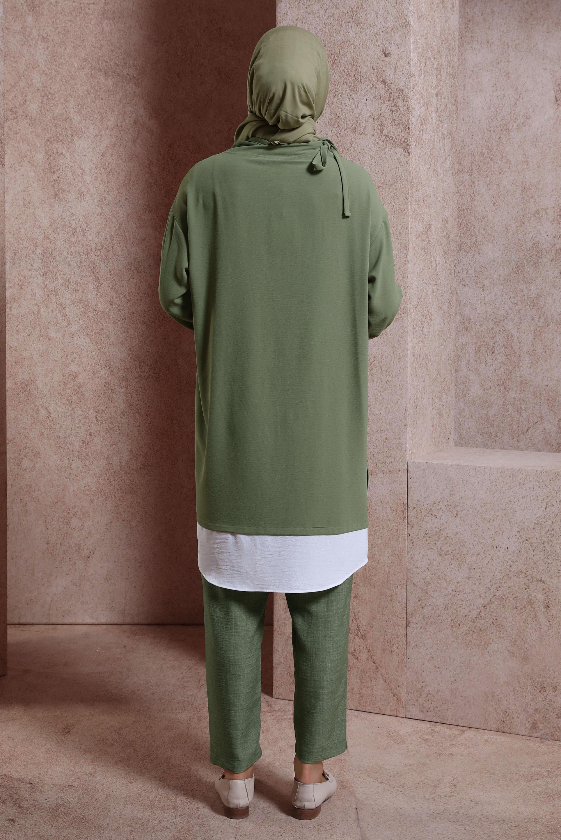 Tesettür giyim HAKİ YAKASI BAĞLAMALI TUNİK 44438