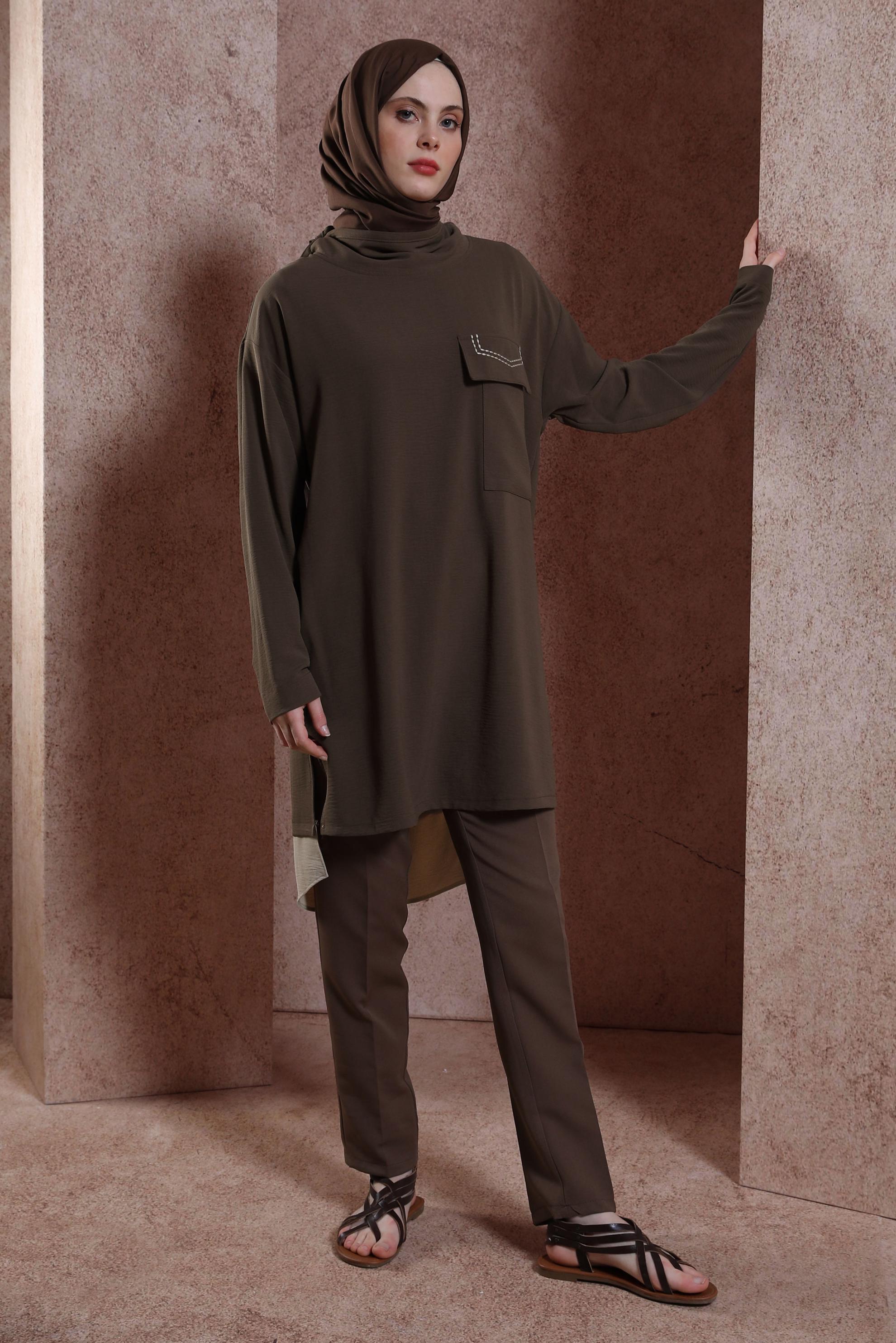 Tesettür giyim KAHVE YAKASI BAĞLAMALI TUNİK 44438