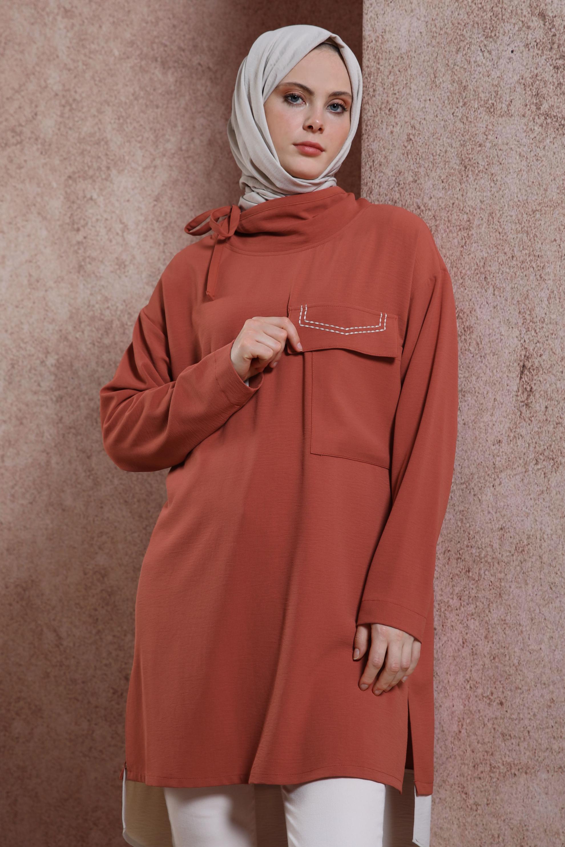 Tesettür giyim TURUNCU YAKASI BAĞLAMALI TUNİK 44438