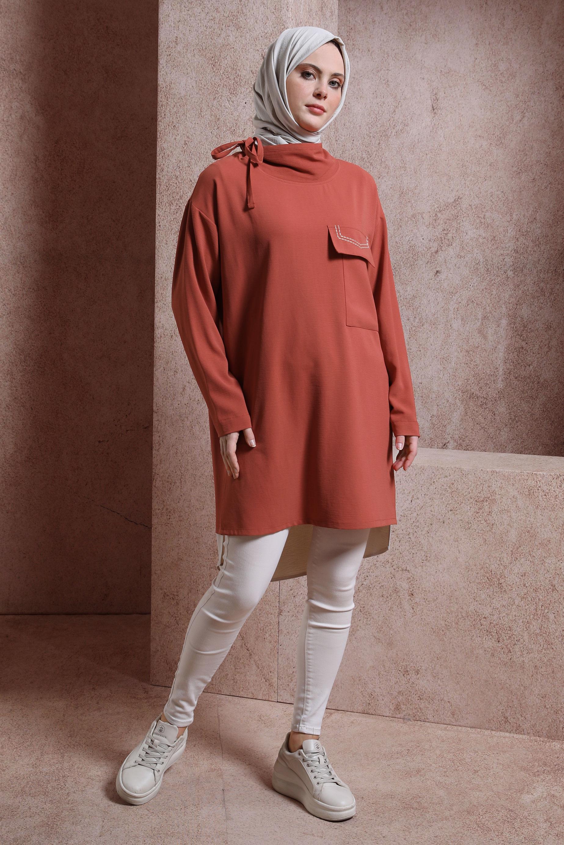 Tesettür giyim TURUNCU YAKASI BAĞLAMALI TUNİK 44438