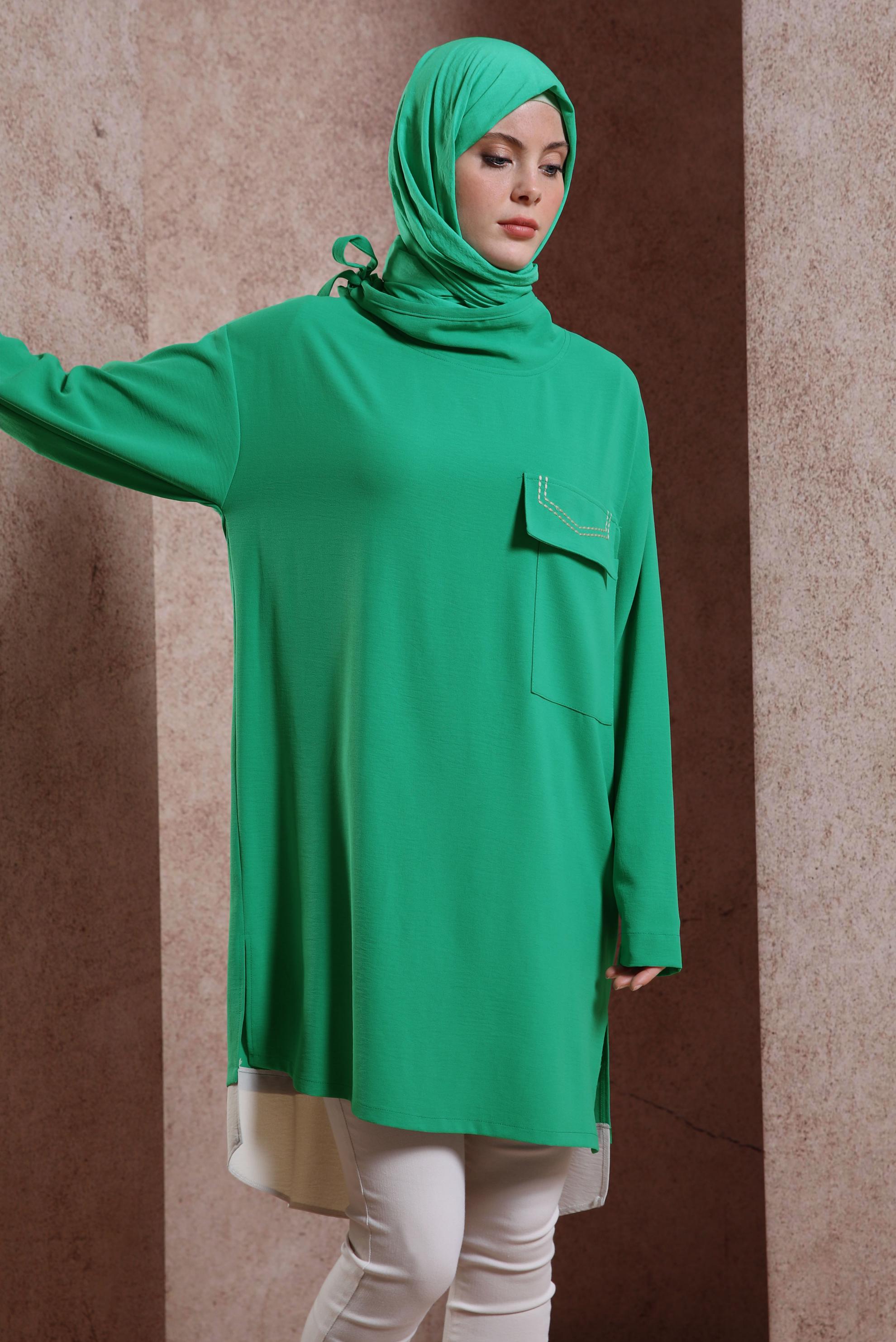 Tesettür giyim YEŞİL YAKASI BAĞLAMALI TUNİK 44438
